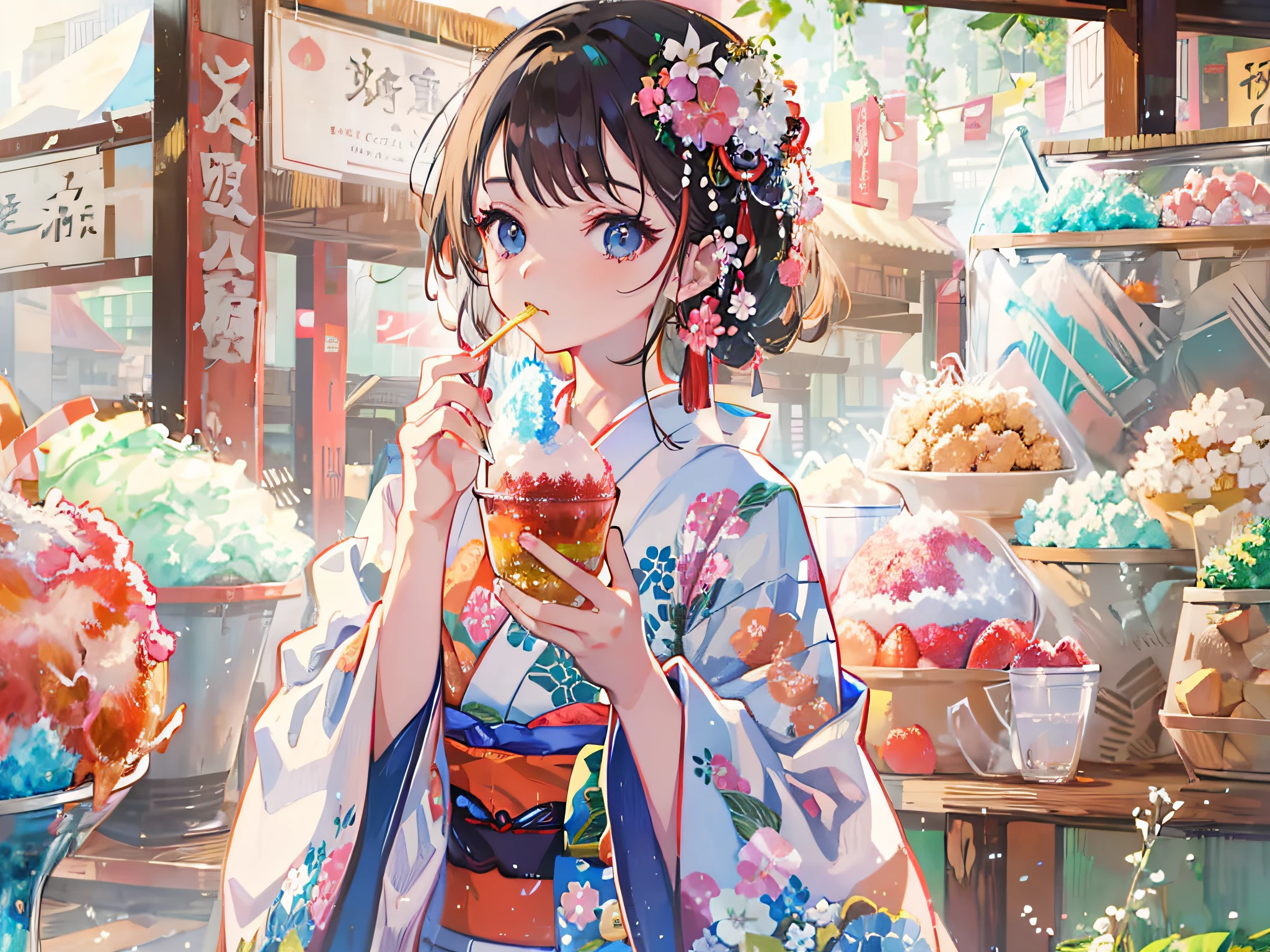 A woman wearing a kimono eating shaved ice, elegant japanese woman, in a kimono, of a youthful japanese girl, wearing a simple robe, of a youthful japanese beauty,8k, top-quality