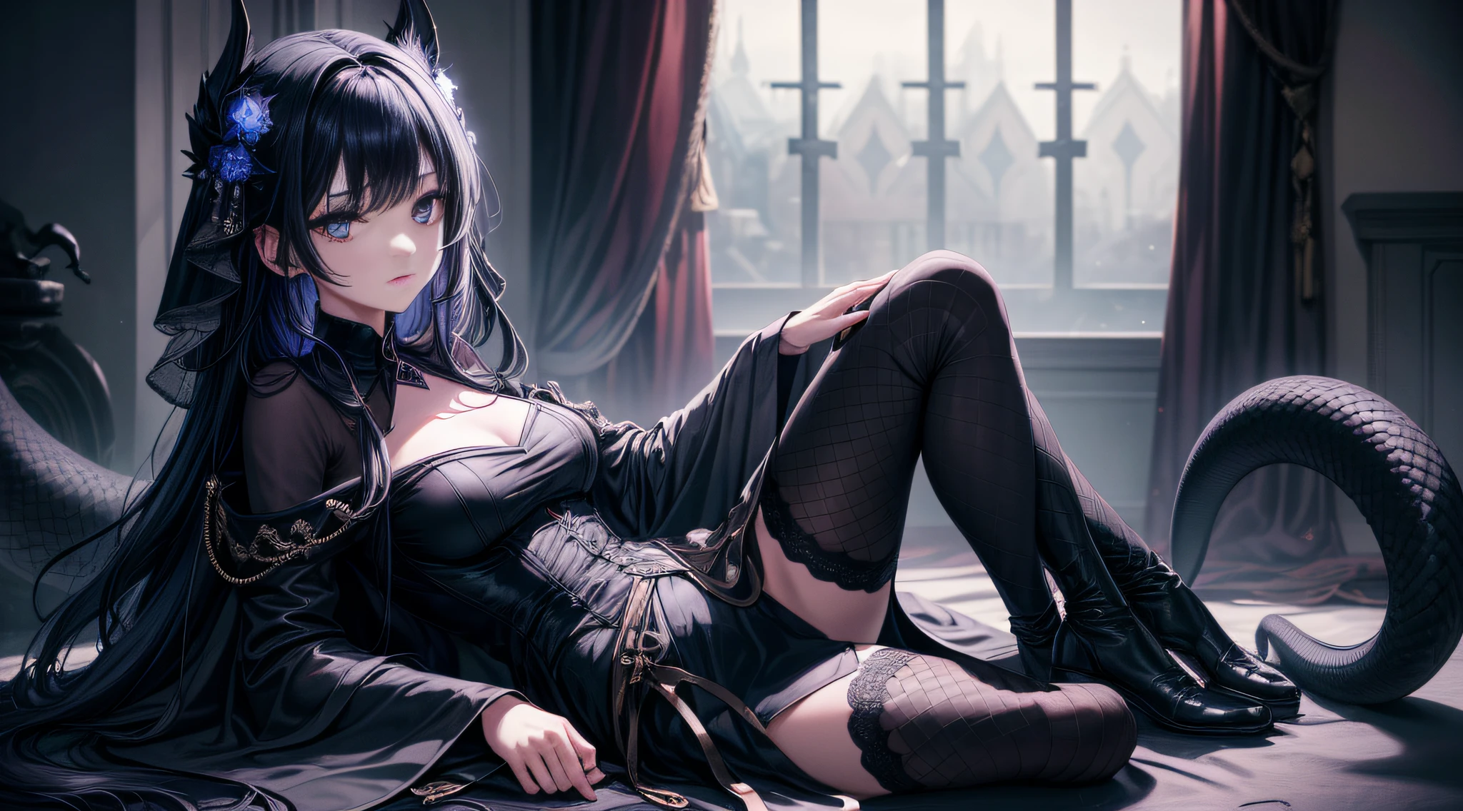 The spooky castle has a dark loli、A pair of bright and deep、Big mysterious eyes，The eyes reveal an invincible temperament。 ccurateblack hair：Her hair is jet black，May be trimmed into short or fluffy curls， Wearing some peculiar hair accessories，If there is a bat shaped hairpin、Headgear or pins, etc、Wear black or dark purple clothing，to highlight her dark style、Wear a black dress or a black long-sleeved top with a dark skirt、There may be some peculiar patterns or tattoos on the clothing，Like skeletons、serpent、Crows, etc、Mysterious and eerie feeling、Wear black tall boots or pair them with fishnet socks，Rebellious and solemn atmosphere、Wear a black cape or cloak in cold weather、Delicate face、(CG Unity 8K wallpaper in extreme detail，tmasterpiece，Highest image quality)，(Delicate light and shadow，The picture is highly dramatic，Cinematic lens effect)，