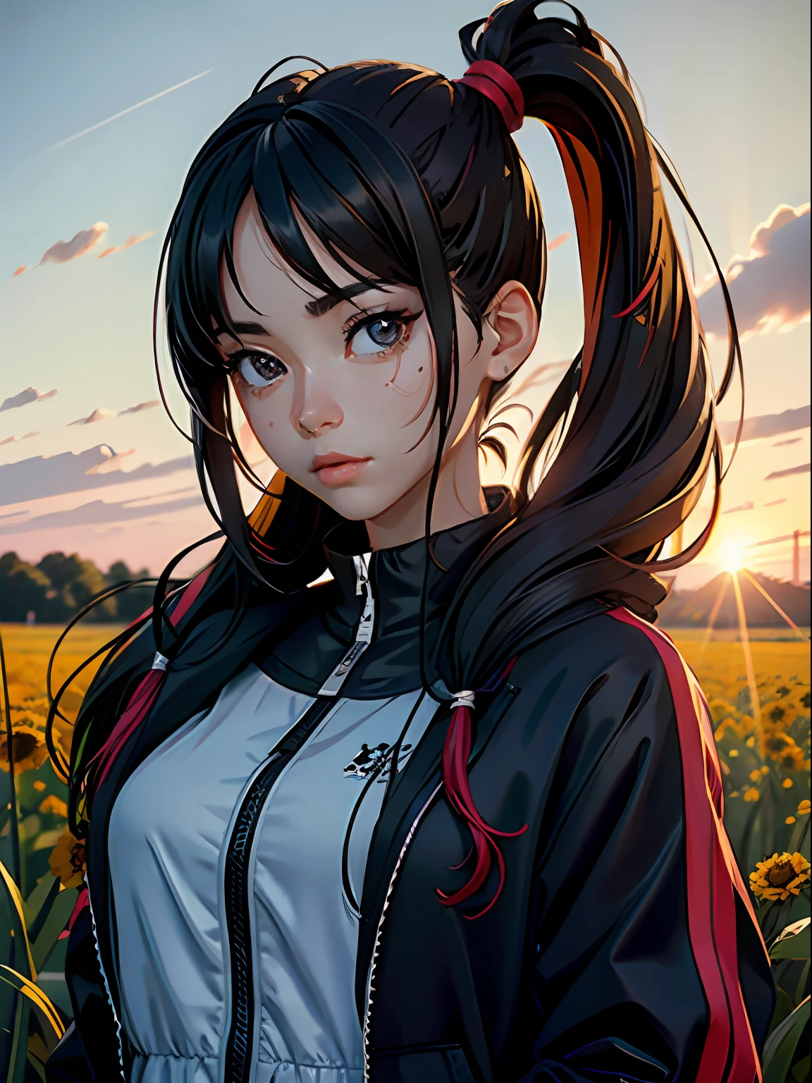 HDR,extremelycomplicateddetails,Works of masters,Best image quality,Higher quality,high detal,超高分辨率,8K分辨率,bust,exquisite facial features,s the perfect face,Glowing skin,femele,solo person,Beautiful pupils,vred,long whitr hair,Hair over the shoulder,brunette color hair,pony tails,tying hair,pendant,track suit,suns,grassy fields,flower sea