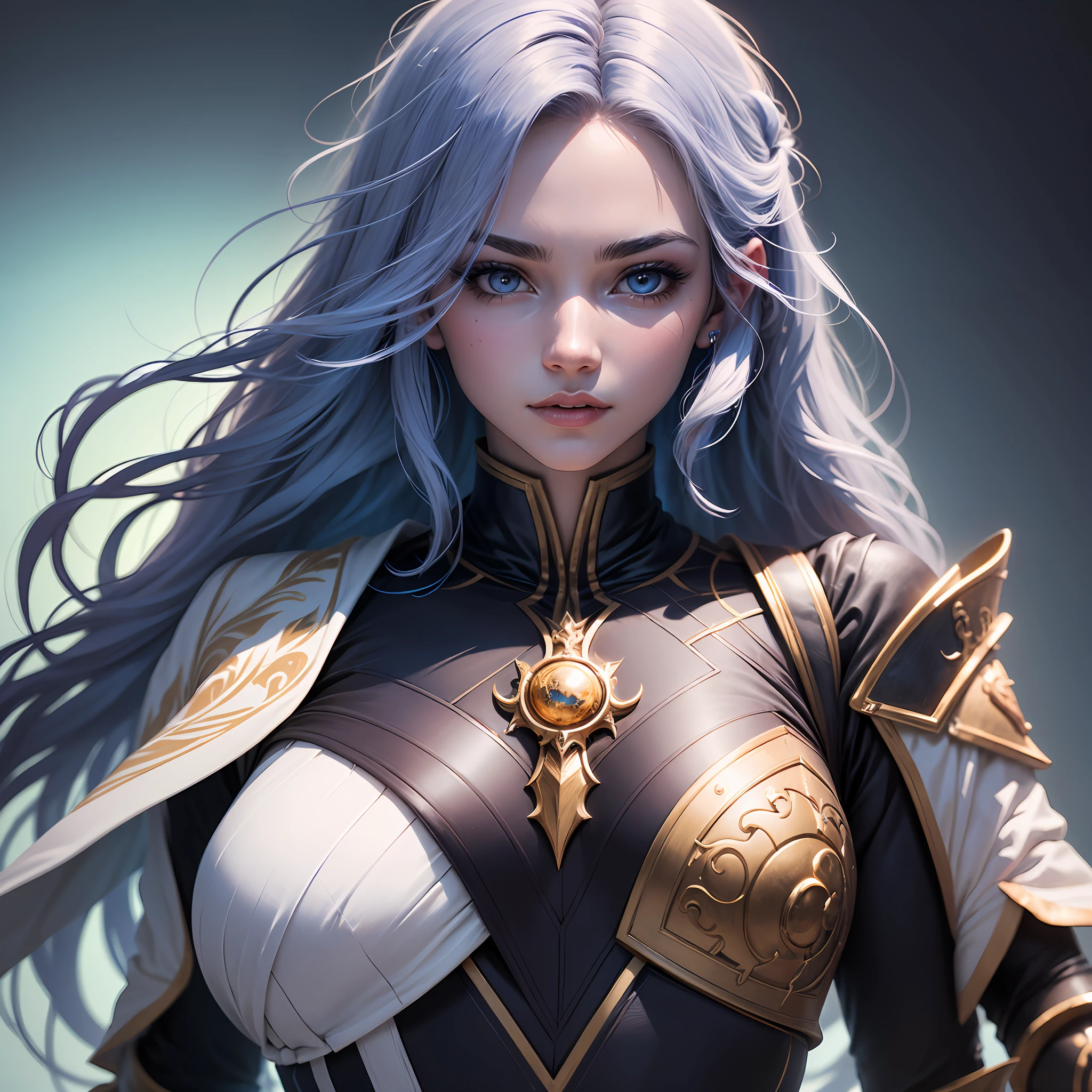 half body portrait of charming girl with blue skin and white long wavy hair, detailed skin, beautiful look to the camera, ancient fantastic suit, detailed suit, 8K , super details, colorful background, blurred background, sharp focus, dynamic pose --auto