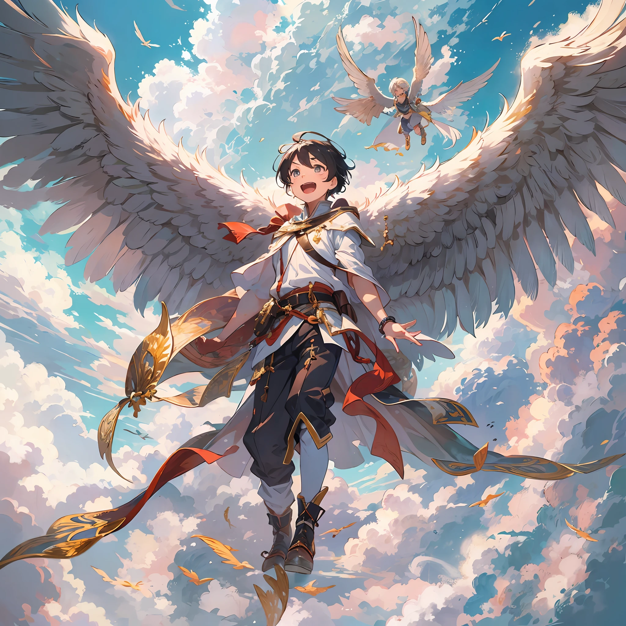 ​masterpiece, top-quality, Boy flying in the sky with giant eagle wings on his back、full body Esbian、Huge laughter、Eyes wide open、A detailed face、Fantasia、in isekai、