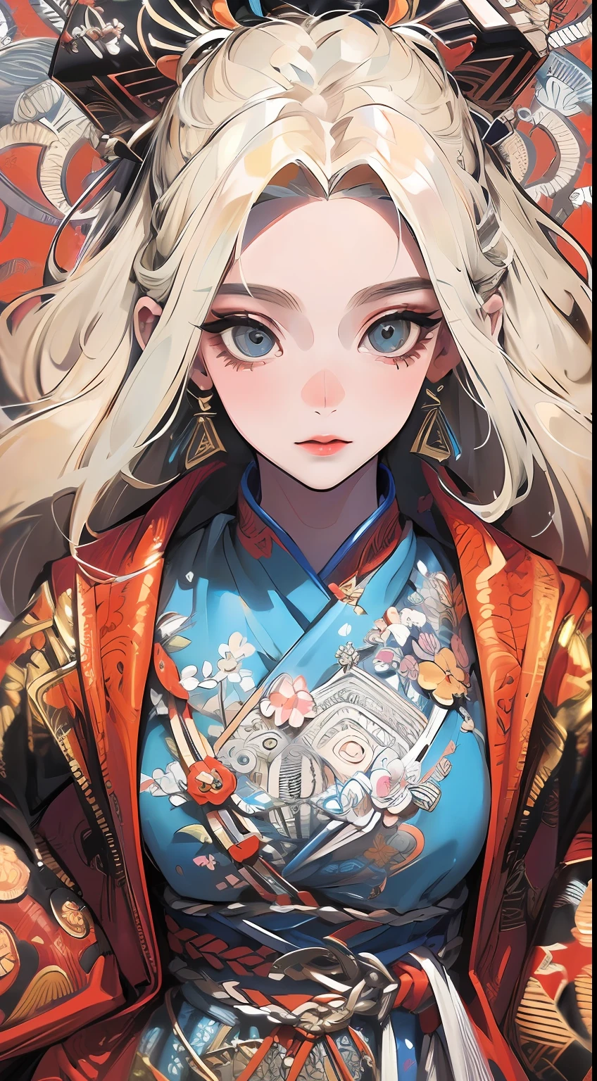 absurdres, highres, ultra detailed, 1girl, solo, extremely detailed eyes, Ultra-precise depiction, Ultra-detailed depiction, (zentangle:1.2), (dynamic pose), (abstract background:1.5), (treditional dress:1.2), short platinum blonde, (shiny skin), many colors, upper body, (from above)