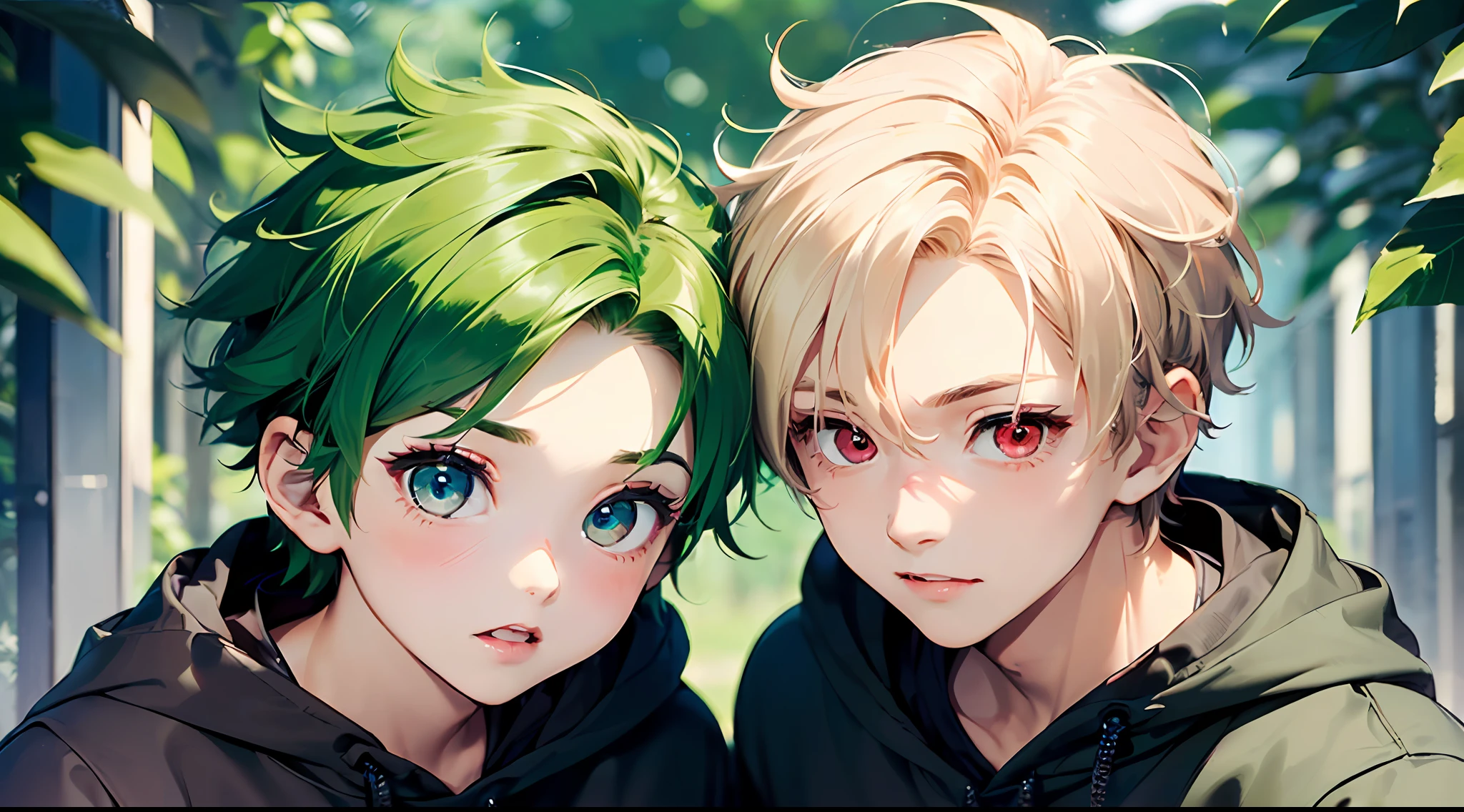(top-quality:1.4、8K)、( Two boy couple with their foreheads together:1.3)、(Cool Boy、Blonde spiked hair with red eyes:1.2)、(Cute Boy、Short green hair and big eyes:1.2)、Park background、
