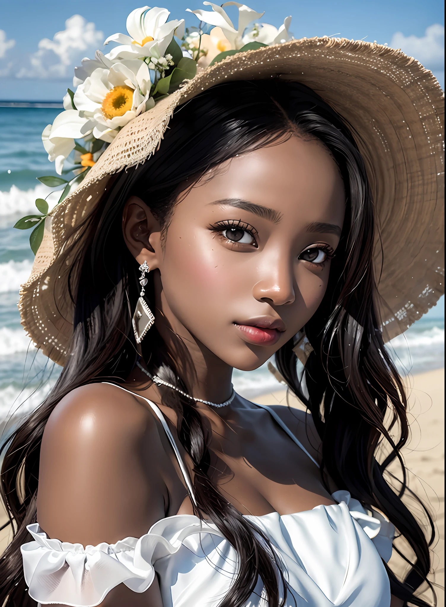 Photorealistic Beautiful black girl,African girl,Thin,Dark skin,Wearing a white wedding dress,On the beach,Strong gaze