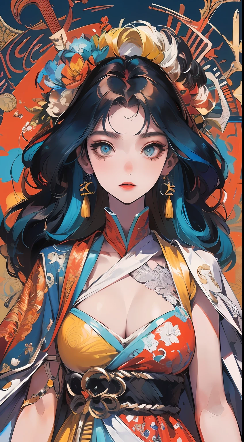 (masterpiece, top quality, best quality, official art, beautiful and aesthetic:1.2), (1girl:1.3), extremely detailed,(fractal art:1.2),colorful,highest detailed,(zentangle:1.2), (dynamic pose), (abstract background:1.5), (treditional dress:1.2), (shiny skin), (many colors:1.4), upper body