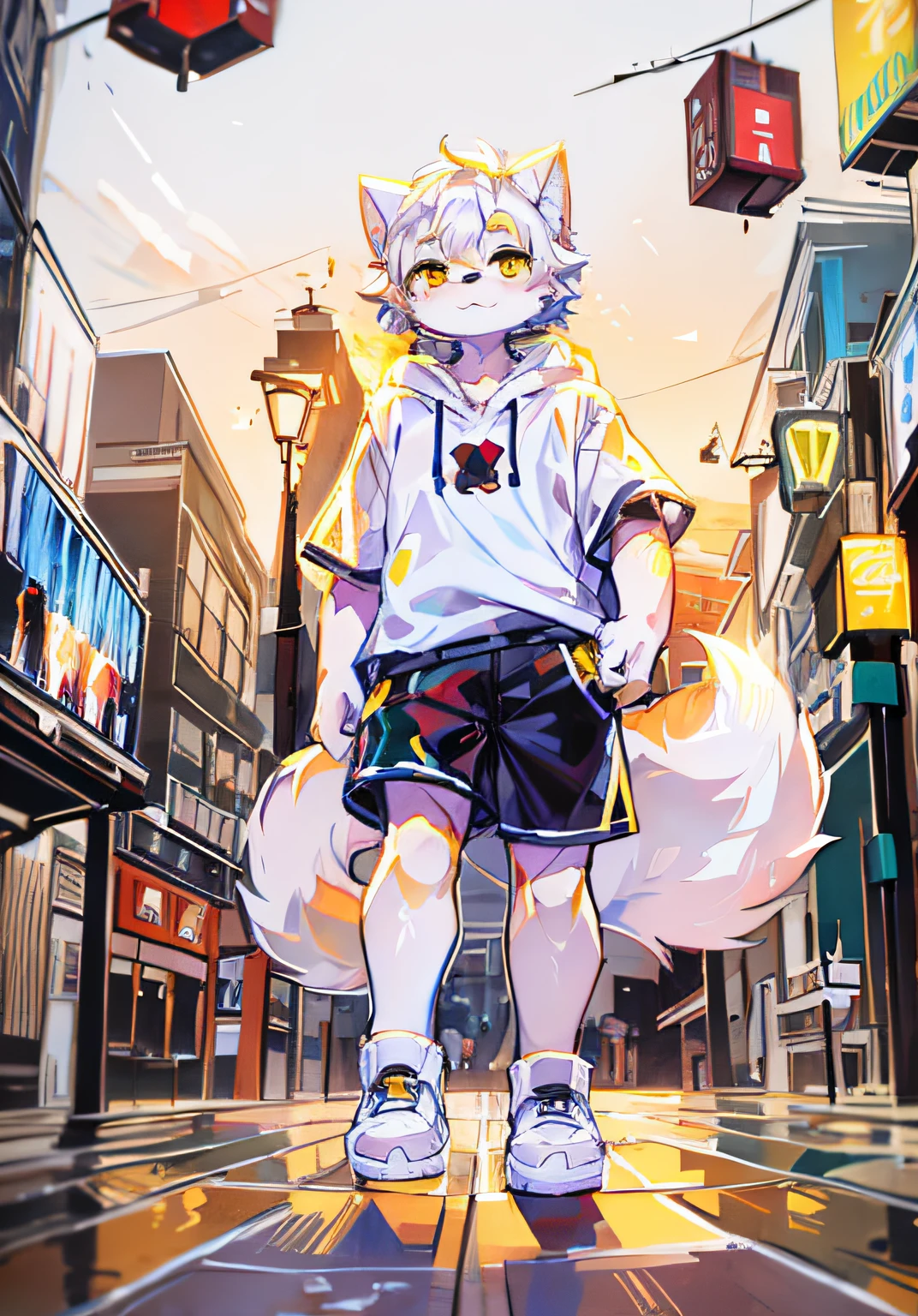 Bright environment:0.8),masterpiece,high quality,abstract res,digital painting\(artwork\), by dagasi, yupa,kiyosan,(anthro,fluffy fur,character focus:1.1),anthro male cat,short hair,portrait , eyes with brightness, in a panoramic view, Character focus.(detailedbackground:Large cities 0 during the day.7), 独奏, shaggy, shaggy male, malefocus, anthr,(Full Body Furry, Fluffy tail, White fur,adolable ，Yellow doji eyes, Short black hair:1.2), (long canines、Dog Samoyed、White hooded T-shirt、white ultra short pants、White shoes、White ears、White hair all over the body：1.2），（external、big city，time square：1.1