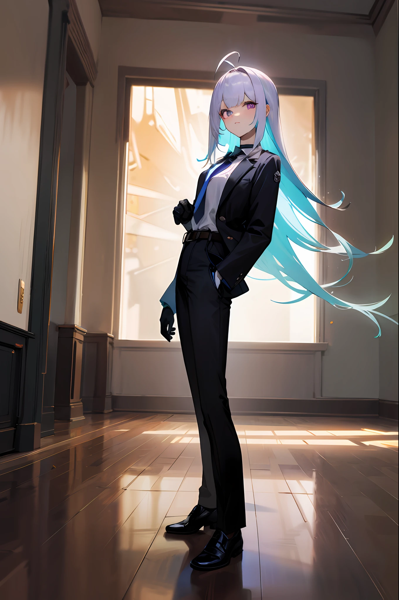 best quality, ultra-detailed, dolla, 1girl, solo, long_hair, breasts, bangs, shirt, gloves, long_sleeves, closed_mouth, jacket, full_body, white_shirt, ahoge, open_clothes, necktie, choker, black_gloves, belt, collared_shirt, pants, , black_footwear, open_jacket, black_jacket, , formal, black_pants, suit,, purple_necktie, earpiece, room, indoors,   (looking at viewer:1.3),,