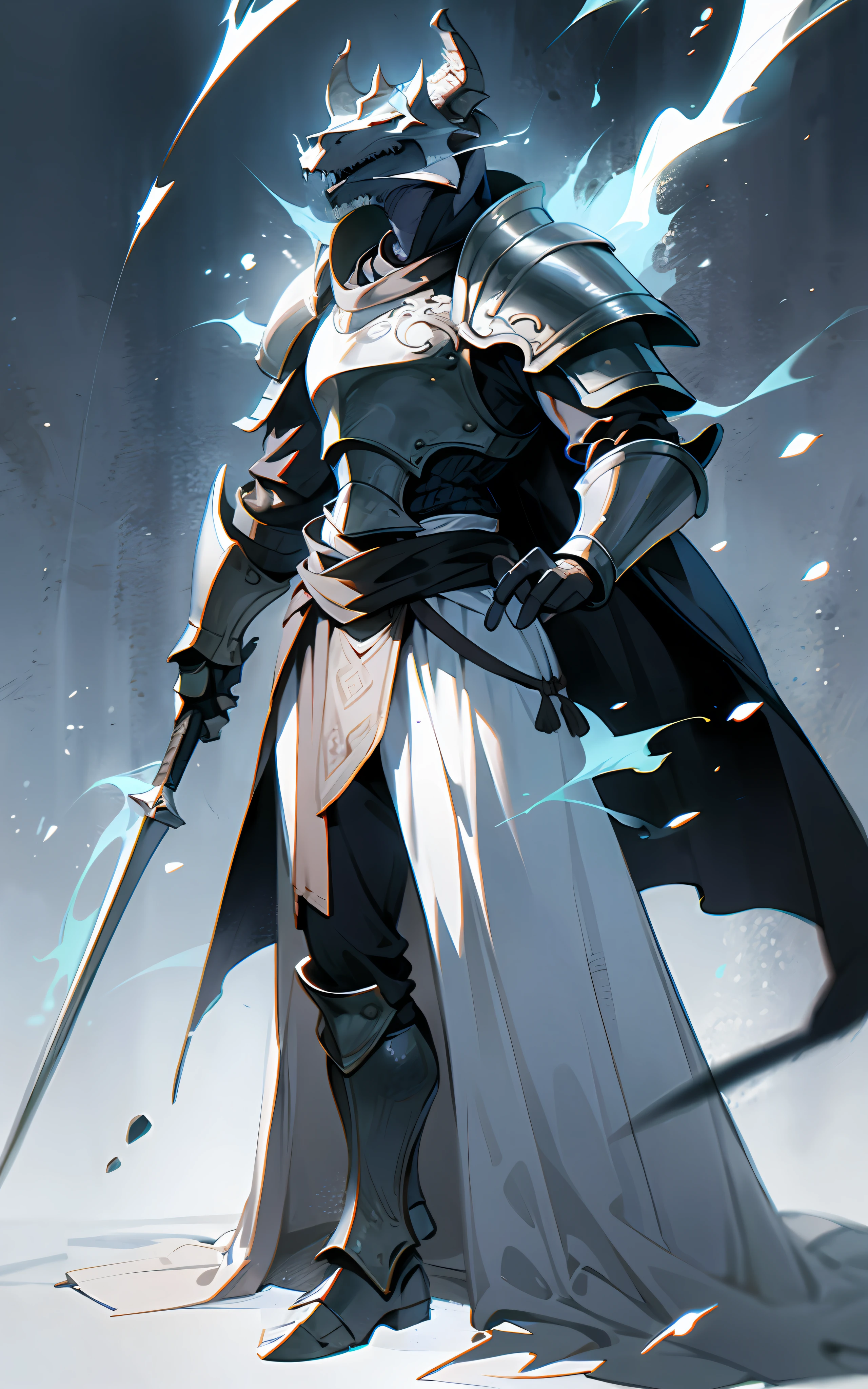"(((Dragonborn))), donned in gleaming white scale armor, draped in a flowing black cloak, a commanding paladin equipped with the resplendent head of a majestic white dragon, striking a poised and mighty pose in a captivating full body shot."