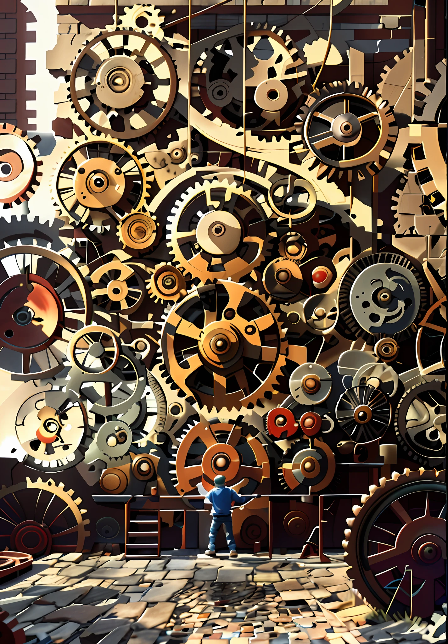 realisticlying,Best quality at best,超高分辨率,(真实感:1.2),Gear wall,gear wheel,A little boy stood below,The back of a little boy,Holding a gear in his hand,Tank top, pants,Extra-high walls,frontage,giant things,Look up,Blood-red ground,