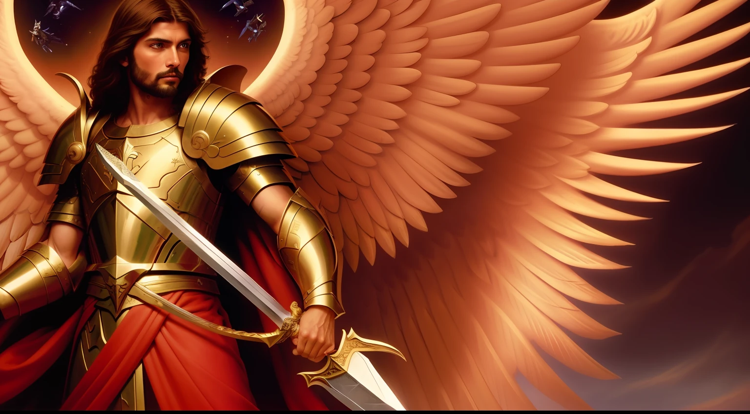 a close up of a man with a sword and wings, archangel michael, archangel, saint michael the angel, angel protecting man, biblical accurate angel, heroes of might and magic, angelical, angelic, biblical epic movie, angel in plastic armor, jesus christ fighting lucifer, by Ignacio Zuloaga, angelic golden armor, by Anne Stokes