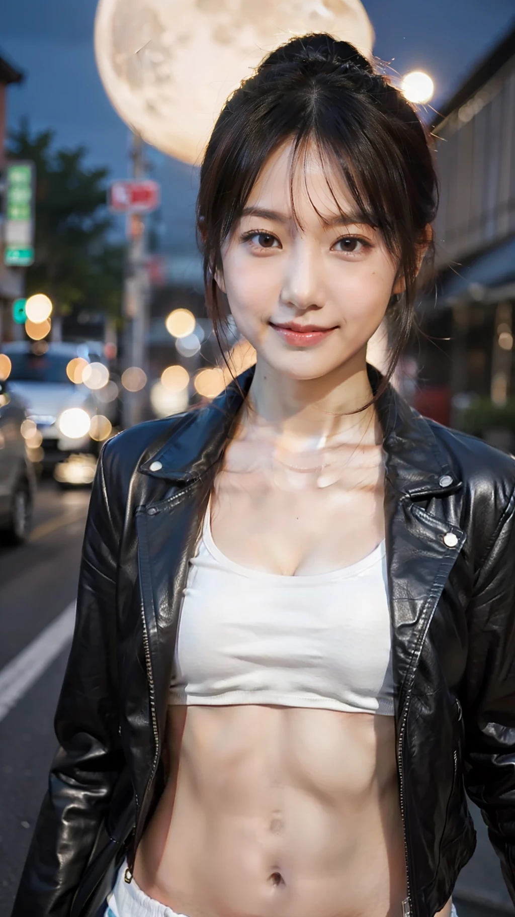 A beautiful Asian girl, smile, red ponytail hair, white skin, smooth skin, medium breasts size, wearing leather jacket, at the street, night, the moon is, background, RAW photo, 16k
