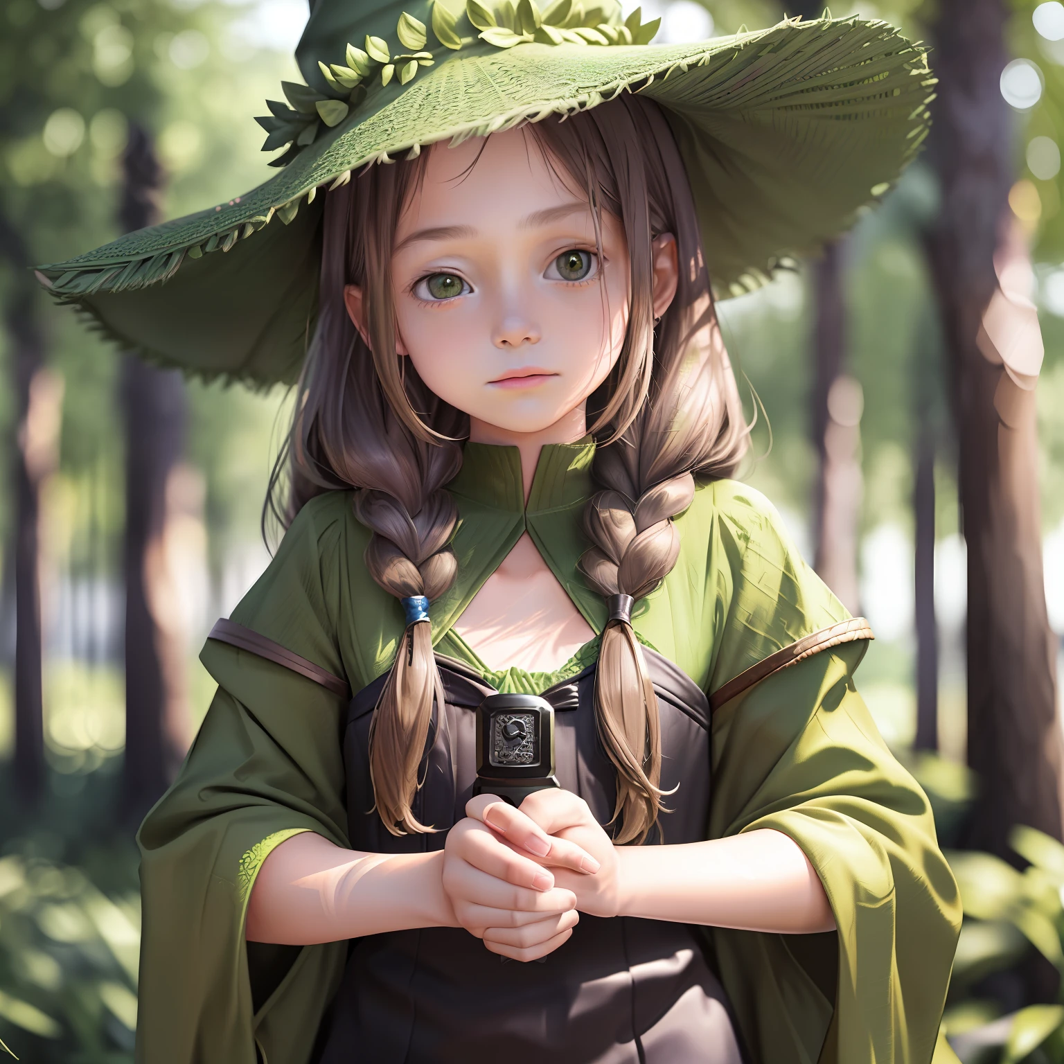 (Pretty with braids wearing a green witch's hat), (cute girl about 11 years olthe lute, simple green witch hat,(masterpiece), (extremely intricate:1.3), (realistic), portrait of a little girl, the most b the world, (green witch's robe) , upper body, forest, intense sunlight, professional photograph of a stunning girl detailed, sharp focus, dramatic, award winning, cinematic lighting, , volumetrics dtx, (film grain, blurry background, blurry foreground, bokeh, depth of field, sunset, motion blur:1.3), chainmail,chuuChloe,yuyao,Realism,Oversized shirt