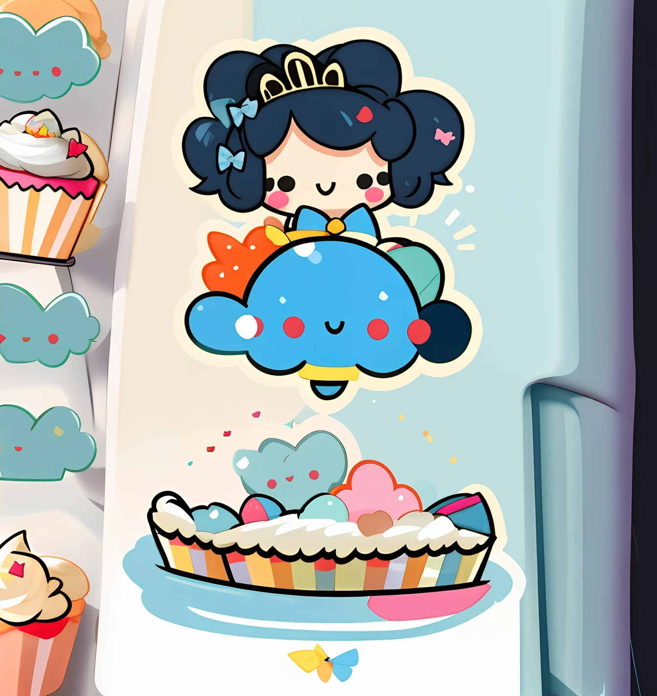 a sticker, stickfigure,Cute bow tie,cute hairpin,Cute bow,Cute tiara, Cupcakes,light blues,solid color backdrop, Character focus low saturation