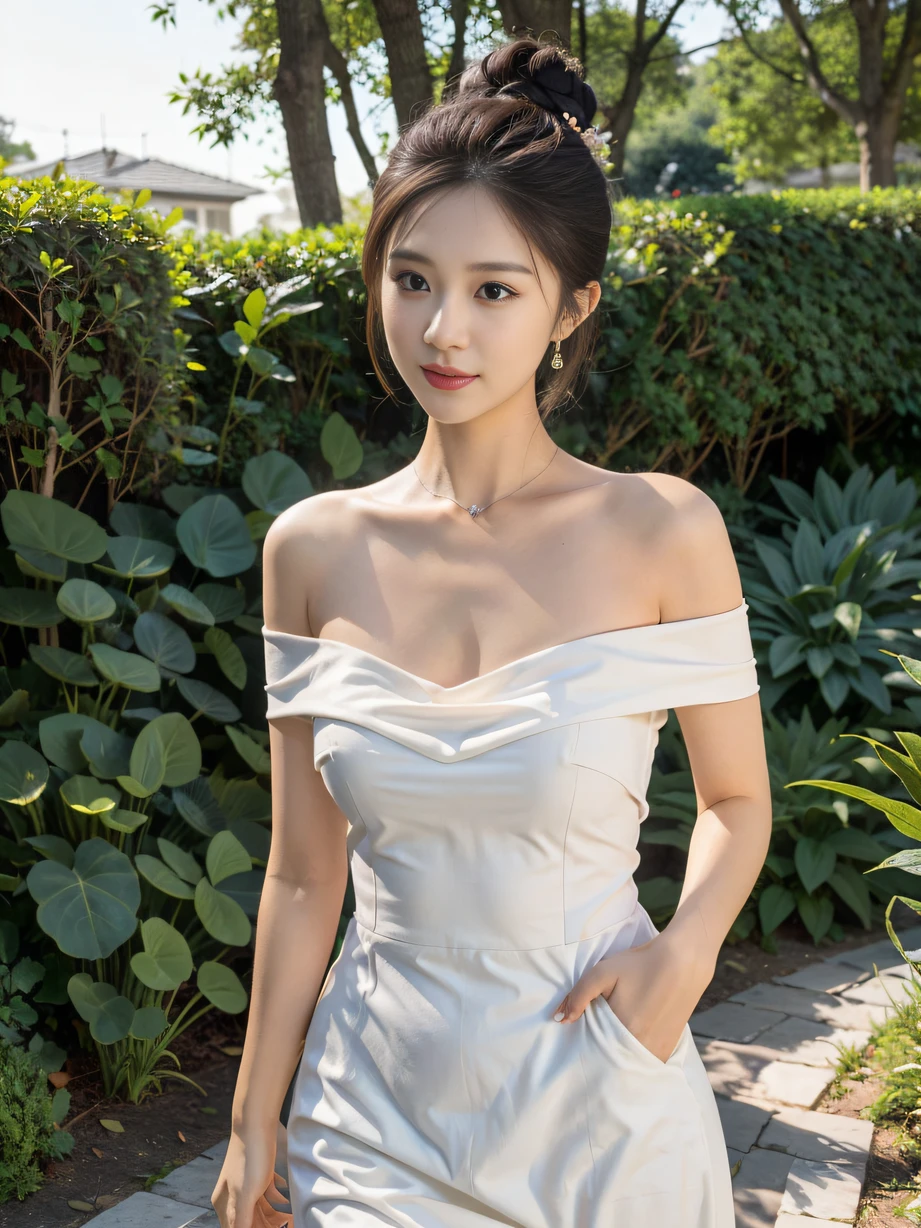 ，Masterpiece, Best quality，8K, 超高分辨率，Reallightandshadow，Cinema lenses，(beautidful eyes:1.1)， ((中景 the scene is，The upper part of the body)) ，In a peaceful garden，The gentle goddess wears a light white gauze dress，She walks gracefully between the delicate petals。The sun shone on her through the gaps in the leaves，Reflects her feminine silhouette and bright eyes。