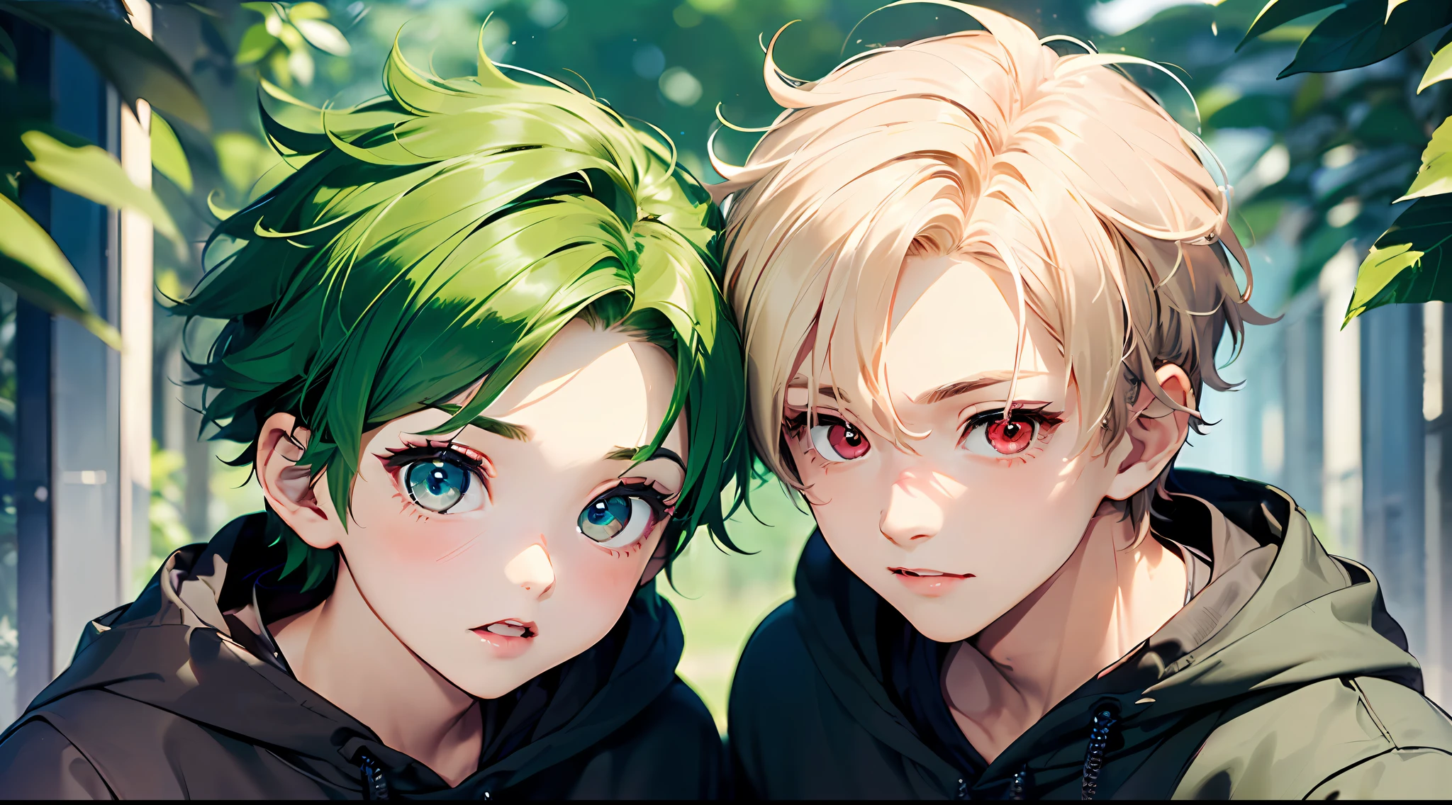 (top-quality:1.4、8K)、( Two boy couple with their foreheads together:1.3)、(Cool Boy、Blonde spiked hair with red eyes:1.2)、(Cute Boy、Short green hair and big eyes:1.2)、Park background、
