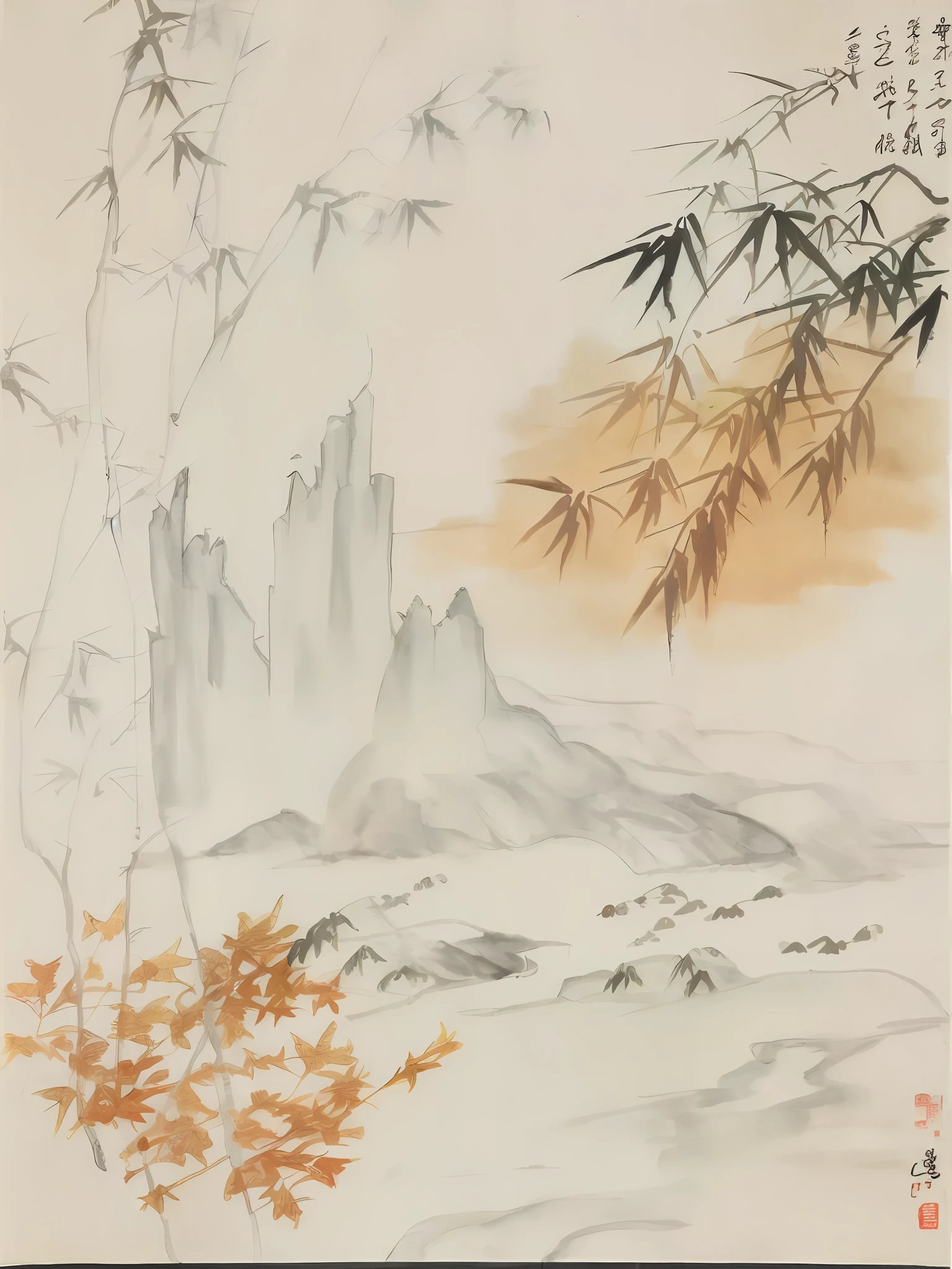 Ancient wind,Maple leaves,bamboos,mountain in the distance,NOhumans,Quaint,Hug Pu,chinese paintings,ink and watercolor painting,Flock of Birds,tmasterpiece,high-class,high qulity