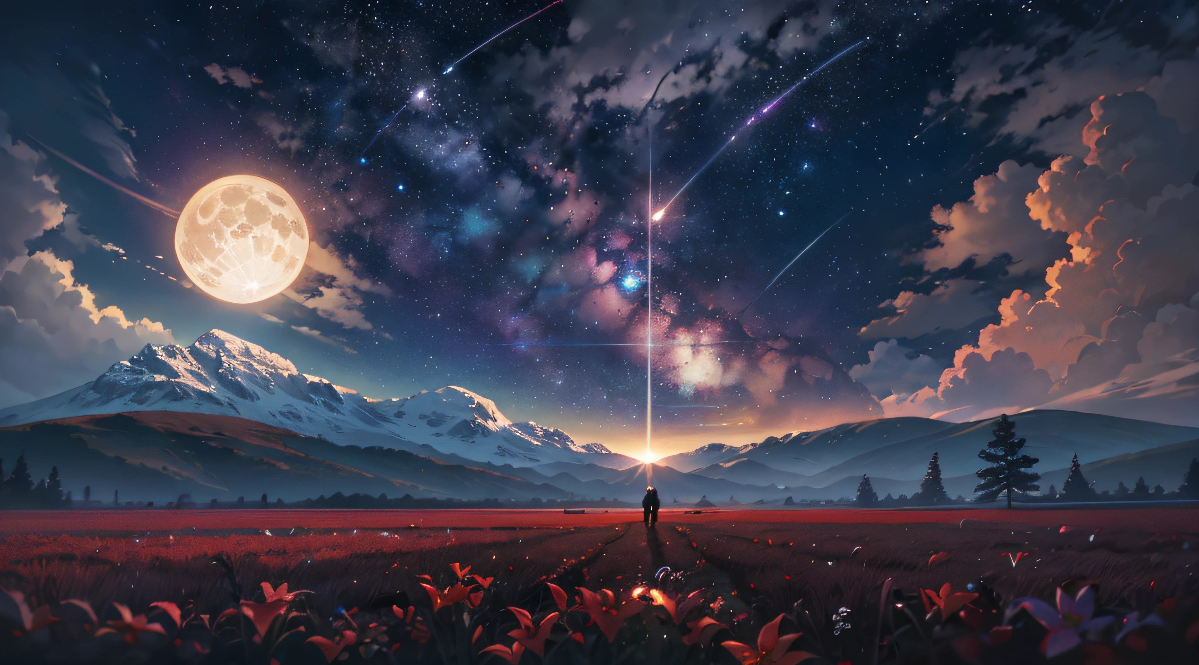 Expansive landscape photograph，（look from down，Above is the sky，Below are open fields），（moon full：1.2），（meteors：0.9），（Starcloud：1.3），Far Mountain, Tree BREAK making art，（Warm light source：1.2），（glowworm：1.2），lamp lights，Lots of purple and orange，Complicated details，Volumetriclighting，Realism BREAK（tmasterpiece：1.2），（best qualtiy），4K，Ultra-detailed，（dynamic compositions：1.4），The is very detailed，Colorful details，（Irridescent color：1.2），（luminouslighting，Atmospheric lighting），dream magical，magical，（独奏：1.2），（（best qualtiy））， （（tmasterpiece））， （the detail：1.4），depth of fields，maximum definition and sharpness，perfectly proportions，