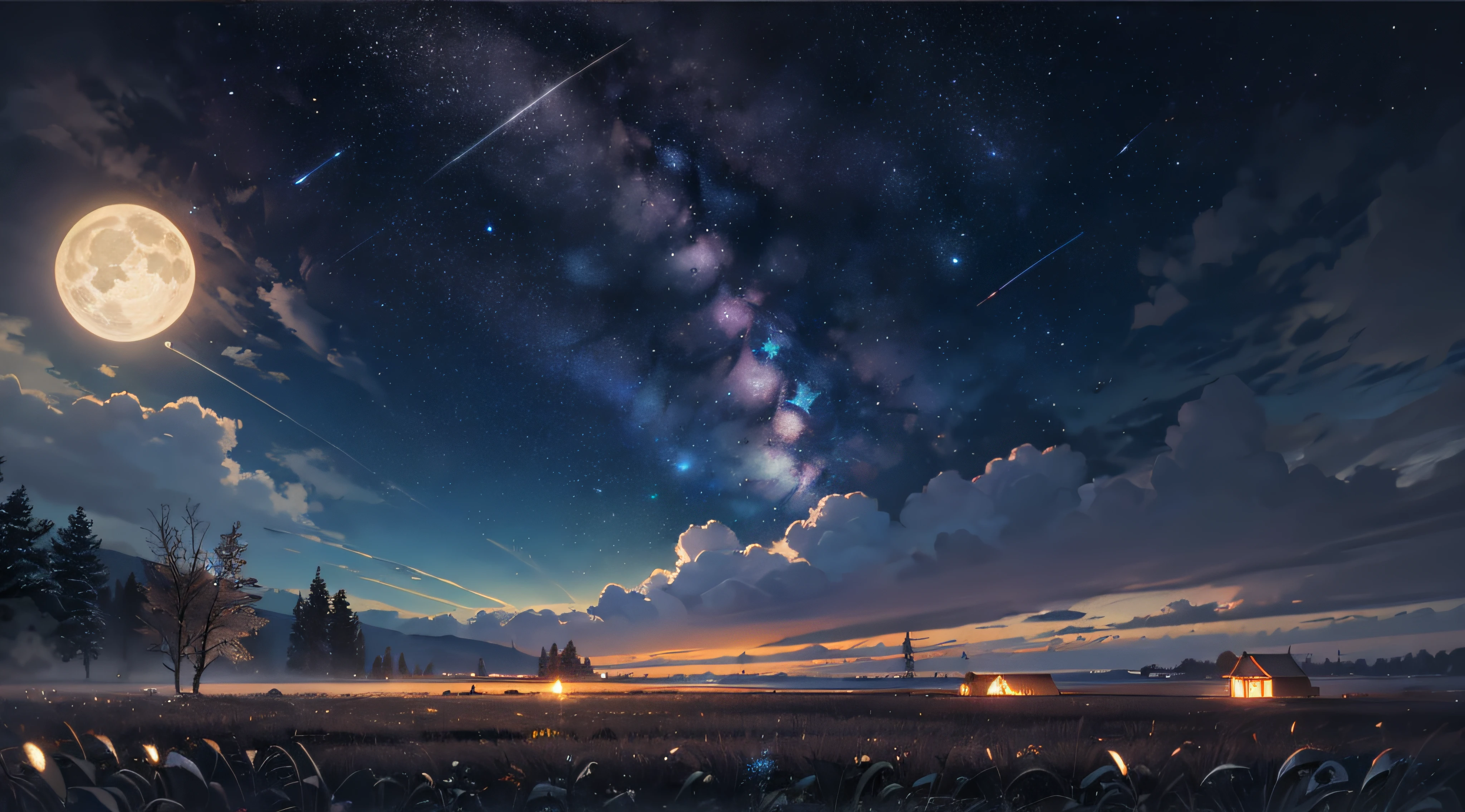Expansive landscape photograph，（look from down，Above is the sky，Below are open fields），（moon full：1.2），（meteors：0.9），（Starcloud：1.3），Far Mountain, Tree BREAK making art，（Warm light source：1.2），（glowworm：1.2），lamp lights，Lots of purple and orange，Complicated details，Volumetriclighting，Realism BREAK（tmasterpiece：1.2），（best qualtiy），4K，Ultra-detailed，（dynamic compositions：1.4），The is very detailed，Colorful details，（Irridescent color：1.2），（luminouslighting，Atmospheric lighting），dream magical，magical，（独奏：1.2），（（best qualtiy））， （（tmasterpiece））， （the detail：1.4），depth of fields，maximum definition and sharpness，perfectly proportions，