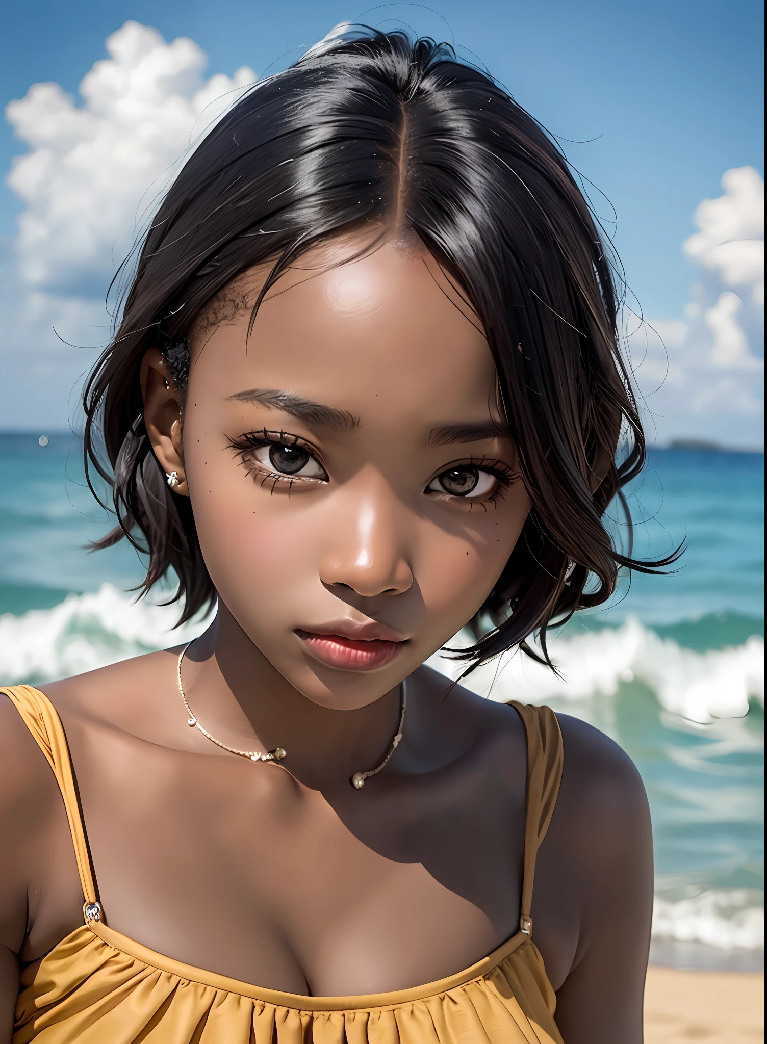 Photorealistic Beautiful black girl,African girl,Thin,Dark skin,Wearing a dress,on the beach,Strong gaze,Close-up portrait surrealism