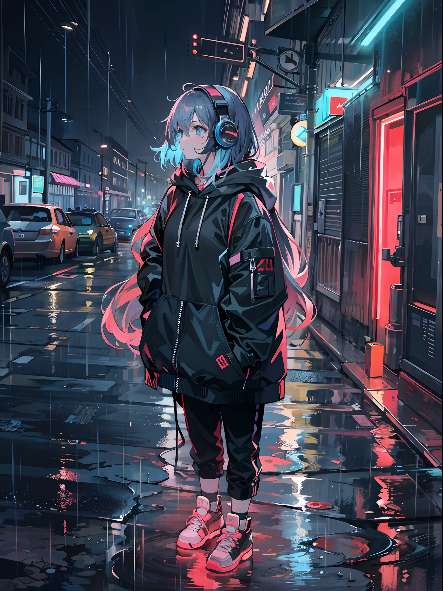 masterpiece, girl alone, solo, incredibly absurd, hoodie, headphones, street, outdoor, rain, neon,