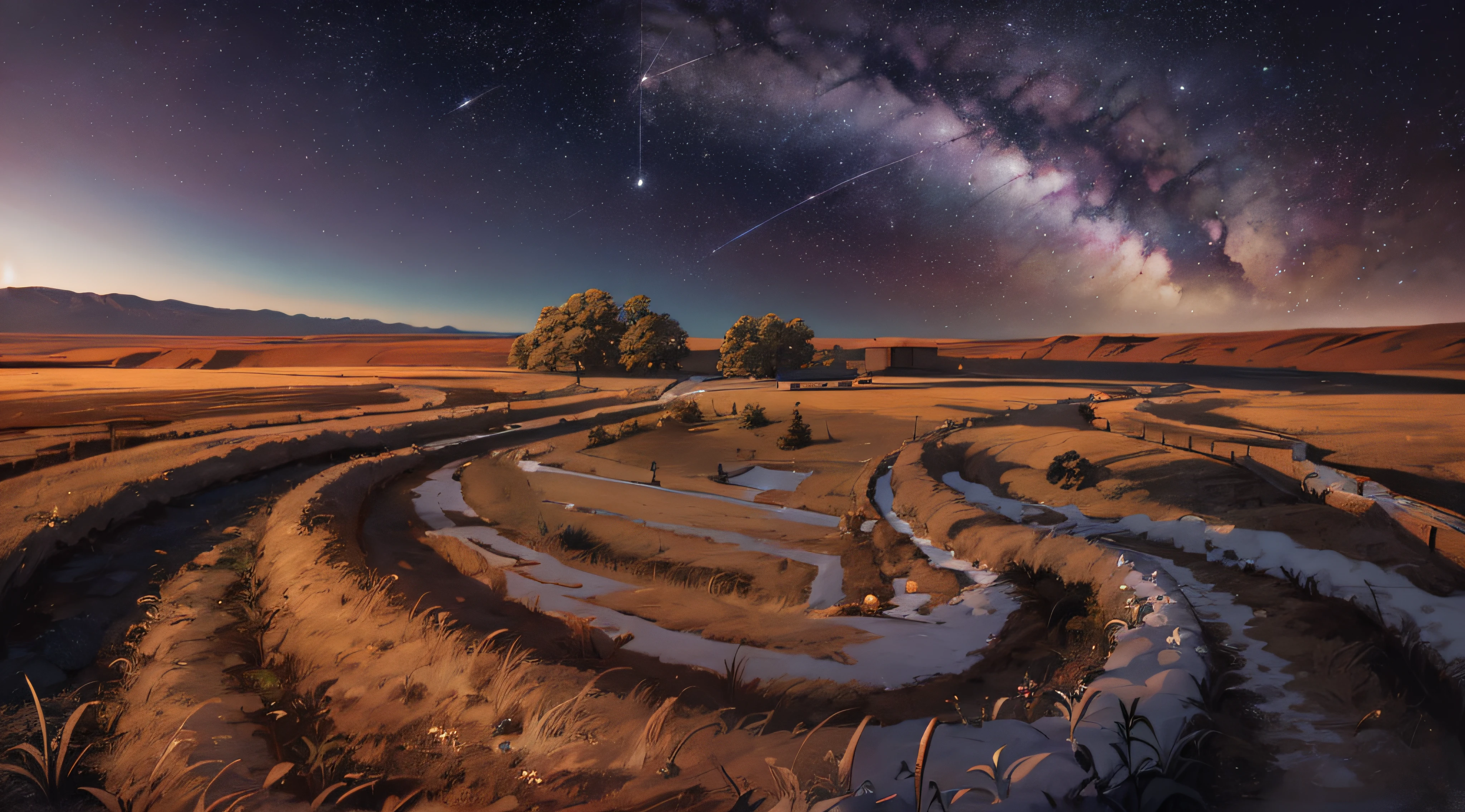 Expansive landscape photograph，（look from down，Above is the sky，Below are open fields），（moon full：1.2），（meteors：0.9），（Starcloud：1.3），Far Mountain, Tree BREAK making art，（Warm light source：1.2），（glowworm：1.2），lamp lights，Lots of purple and orange，Complicated details，Volumetriclighting，Realism BREAK（tmasterpiece：1.2），（best qualtiy），4K，Ultra-detailed，（dynamic compositions：1.4），The is very detailed，Colorful details，（Irridescent color：1.2），（luminouslighting，Atmospheric lighting），dream magical，magical，（独奏：1.2），（（best qualtiy））， （（tmasterpiece））， （the detail：1.4），depth of fields，maximum definition and sharpness，perfectly proportions，