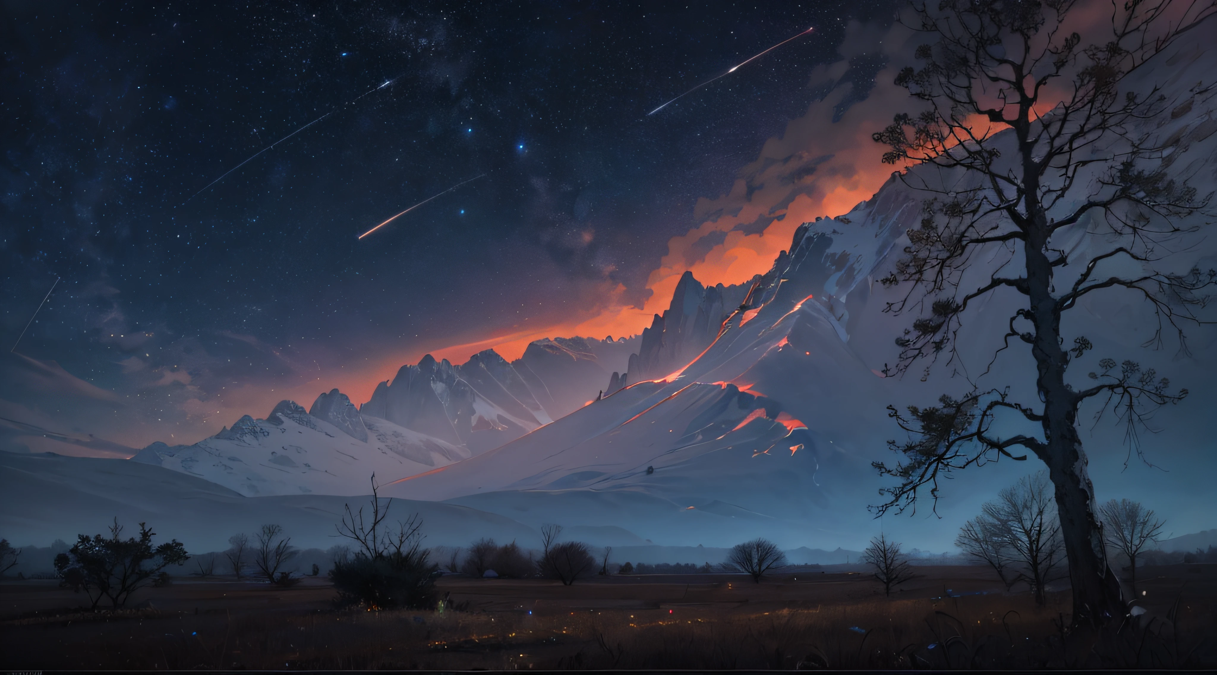 Expansive landscape photograph,(look from down,Above is the sky,Below are open fields),(moon full:1.2),(meteors:0.9),(Starcloud:1.3),Far Mountain, Tree BREAK making art,(Warm light source:1.2),(glowworm:1.2),lamp lights,Lots of purple and orange,Complicated details,Volumetriclighting,Realism BREAK(tmasterpiece:1.2),(best qualtiy),4K,Ultra-detailed,(dynamic compositions:1.4),The is very detailed,Colorful details,(Irridescent color:1.2),(luminouslighting,Atmospheric lighting),dream magical,magical,(独奏:1.2),((best qualtiy)), ((tmasterpiece)), (the detail:1.4),depth of fields,maximum definition and sharpness,perfectly proportions,