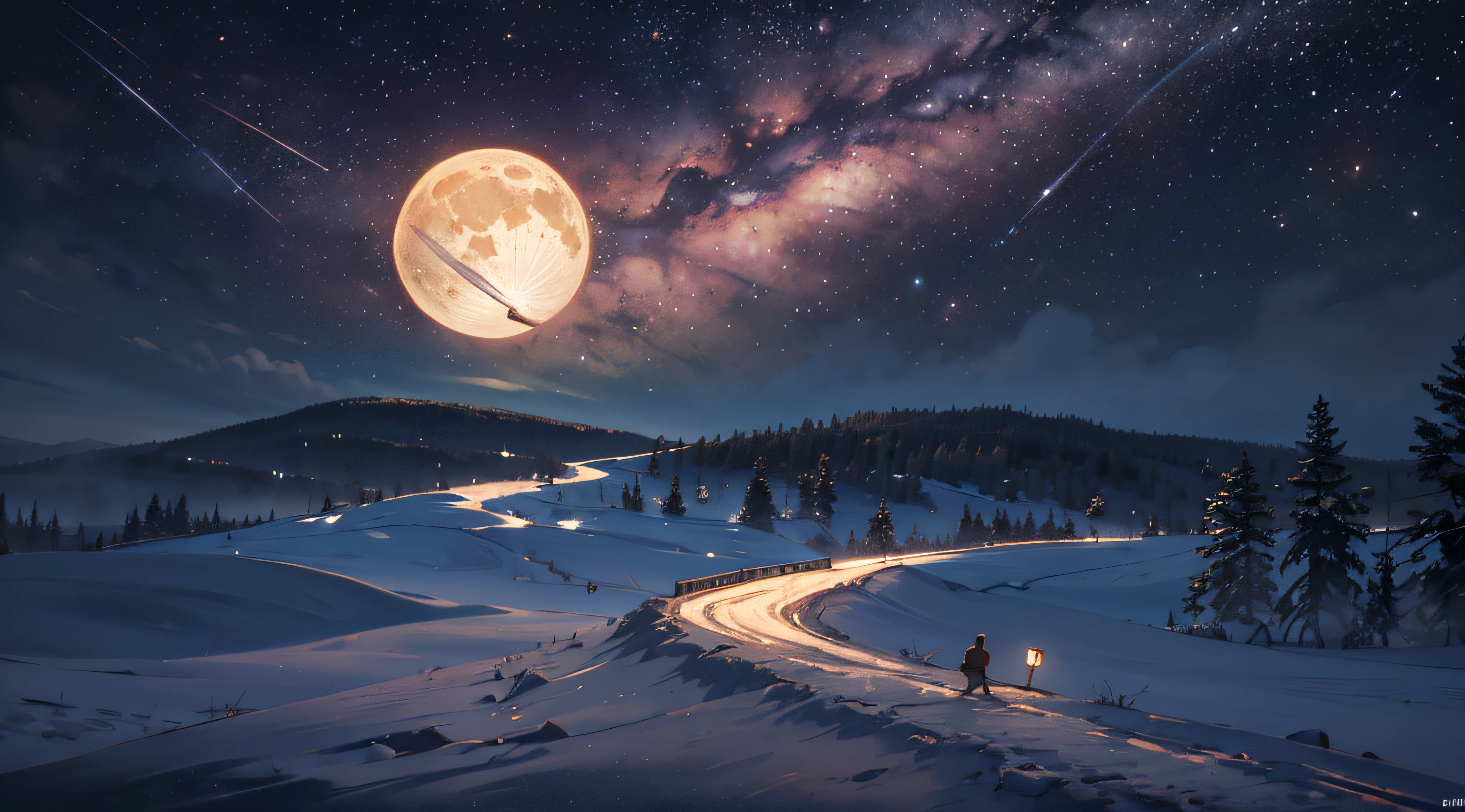 Expansive landscape photograph,(look from down,Above is the sky,Below are open fields),(moon full:1.2),(meteors:0.9),(Starcloud:1.3),Far Mountain, Tree BREAK making art,(Warm light source:1.2),(glowworm:1.2),lamp lights,Lots of purple and orange,Complicated details,Volumetriclighting,Realism BREAK(tmasterpiece:1.2),(best qualtiy),4K,Ultra-detailed,(dynamic compositions:1.4),The is very detailed,Colorful details,(Irridescent color:1.2),(luminouslighting,Atmospheric lighting),dream magical,magical,(独奏:1.2),((best qualtiy)), ((tmasterpiece)), (the detail:1.4),depth of fields,maximum definition and sharpness,perfectly proportions,