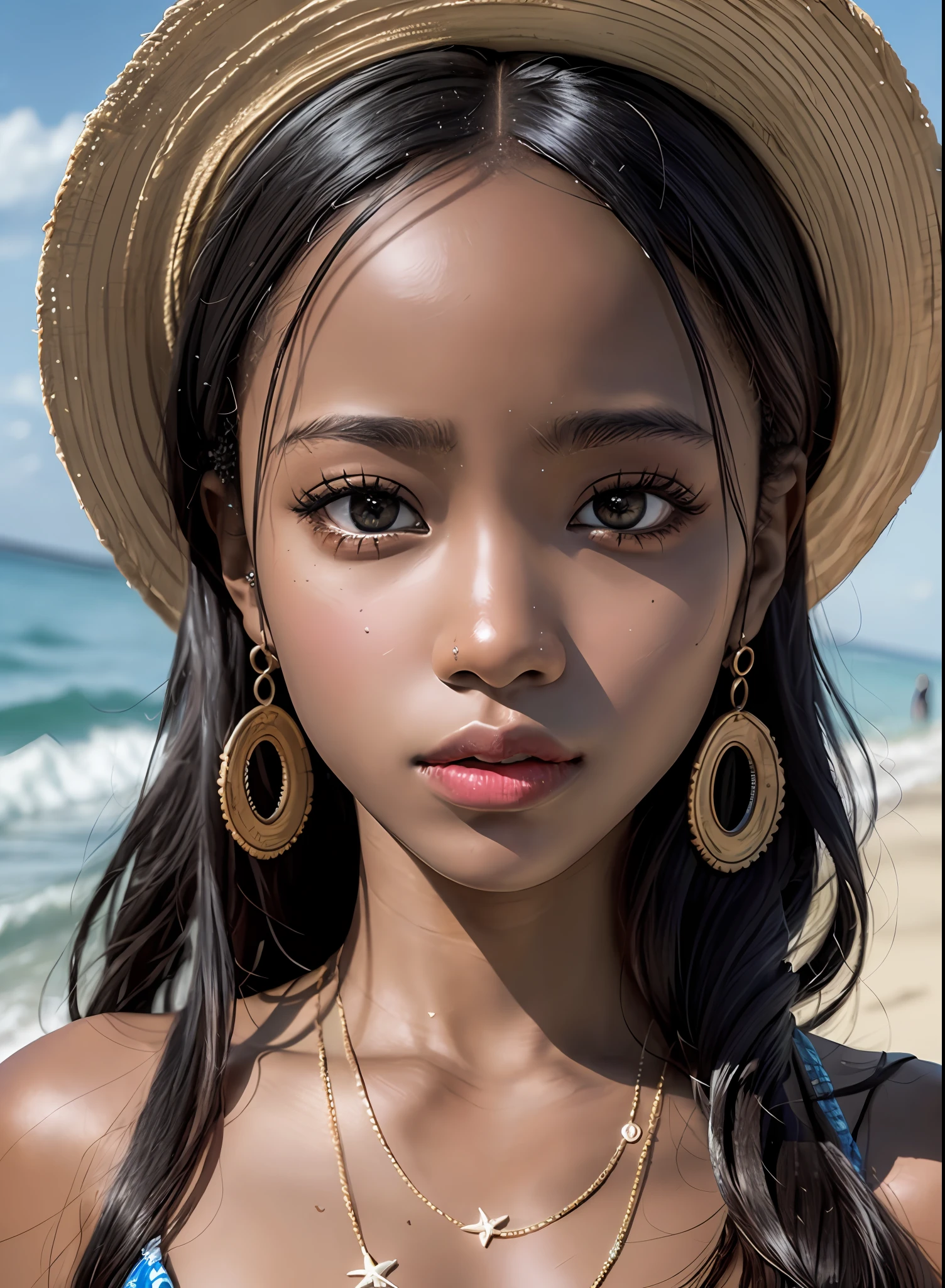 Photorealistic Beautiful black girl,African girl,Thin,Dark skin,Wearing a dress,on the beach,Strong gaze,Close-up portrait surrealism