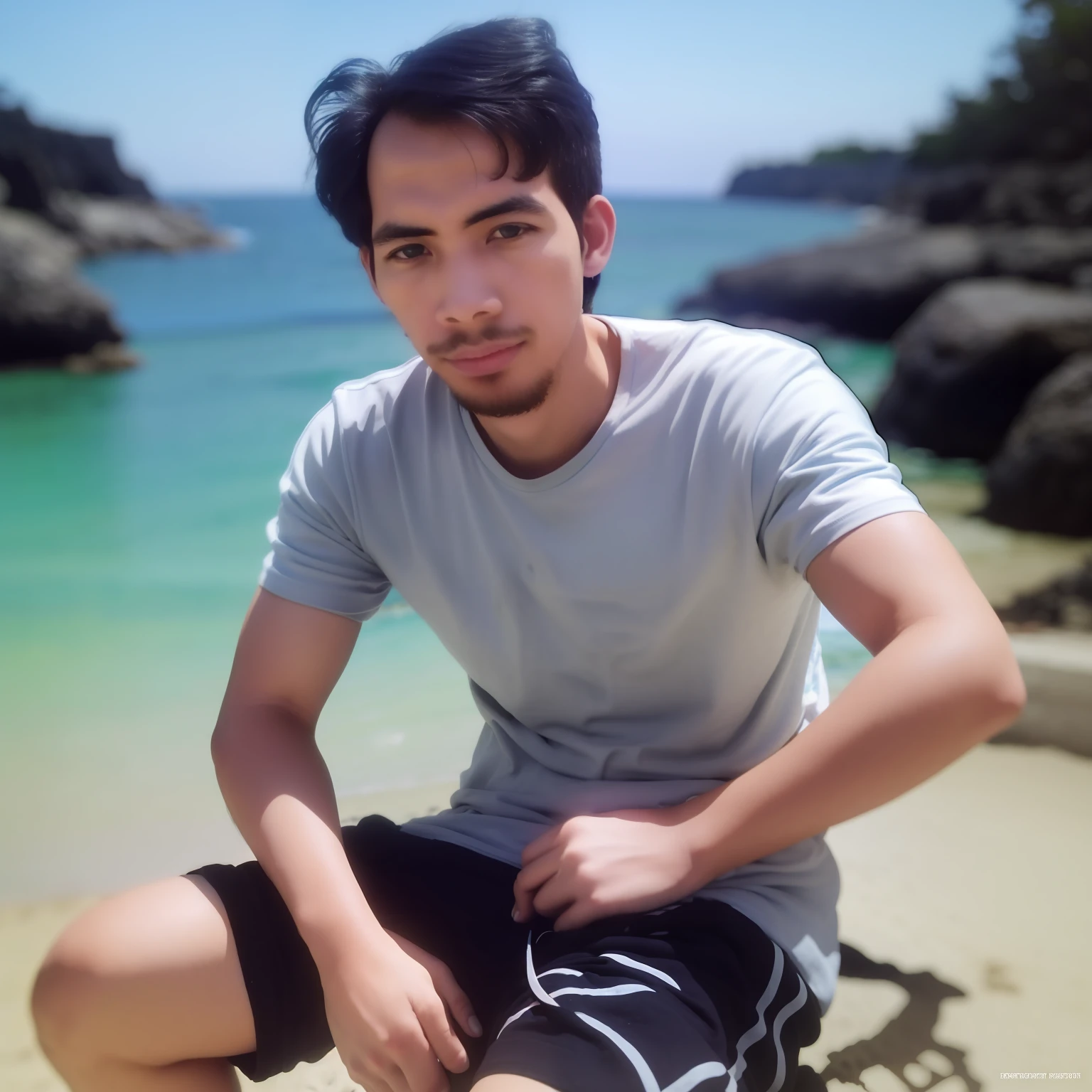 Male, 25 old years, short hair, no mustache, Wearing a blue t-shirt, Take a photo at beach with Coral reef, little smile, stylish, masterpiece, best quality, photorealistic