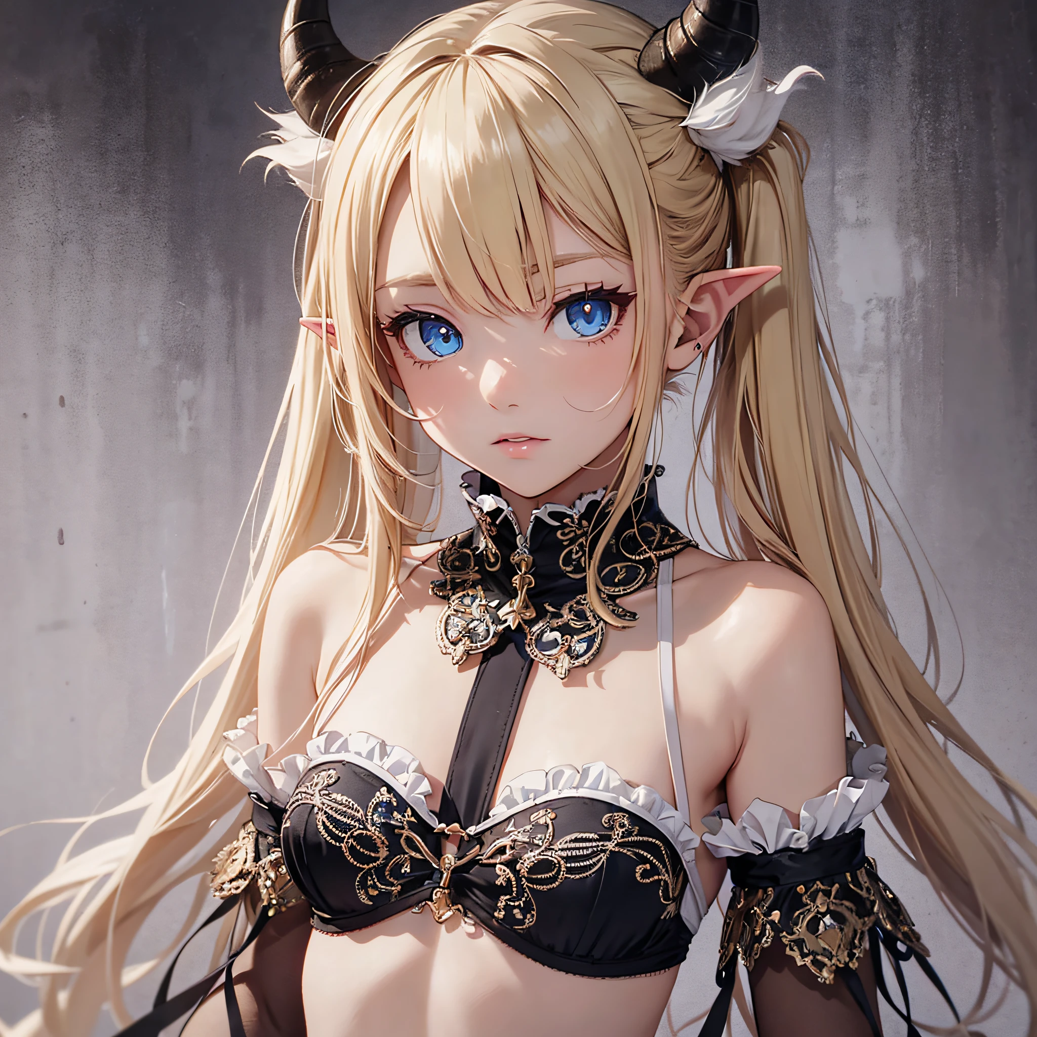 masterpiece, best quality, loli female, long blonde hair two pigtails, very small breasts, (shoot cowboy), blue eyes, ((small white horn):1.3), slit pupils, demon girl, pointy ears, wearing Floerns Top cropped black (close-up:0.5)