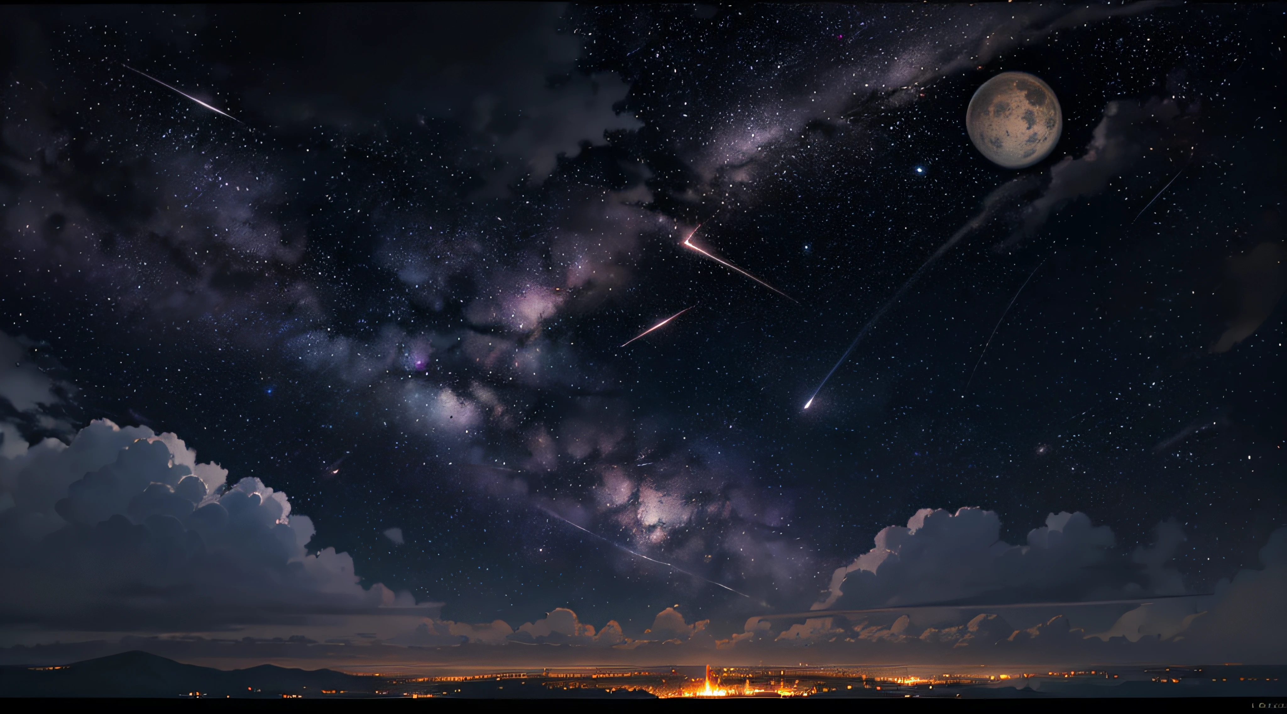 Expansive landscape photograph,(look from down,Above is the sky,Below are open fields),(moon full:1.2),(meteors:0.9),(Starcloud:1.3),Far Mountain, Tree BREAK making art,(Warm light source:1.2),(glowworm:1.2),lamp lights,Lots of purple and orange,Complicated details,Volumetriclighting,Realism BREAK(tmasterpiece:1.2),(best qualtiy),4K,Ultra-detailed,(dynamic compositions:1.4),The is very detailed,Colorful details,(Irridescent color:1.2),(luminouslighting,Atmospheric lighting),dream magical,magical,(独奏:1.2),((best qualtiy)), ((tmasterpiece)), (the detail:1.4),depth of fields,maximum definition and sharpness,perfectly proportions,