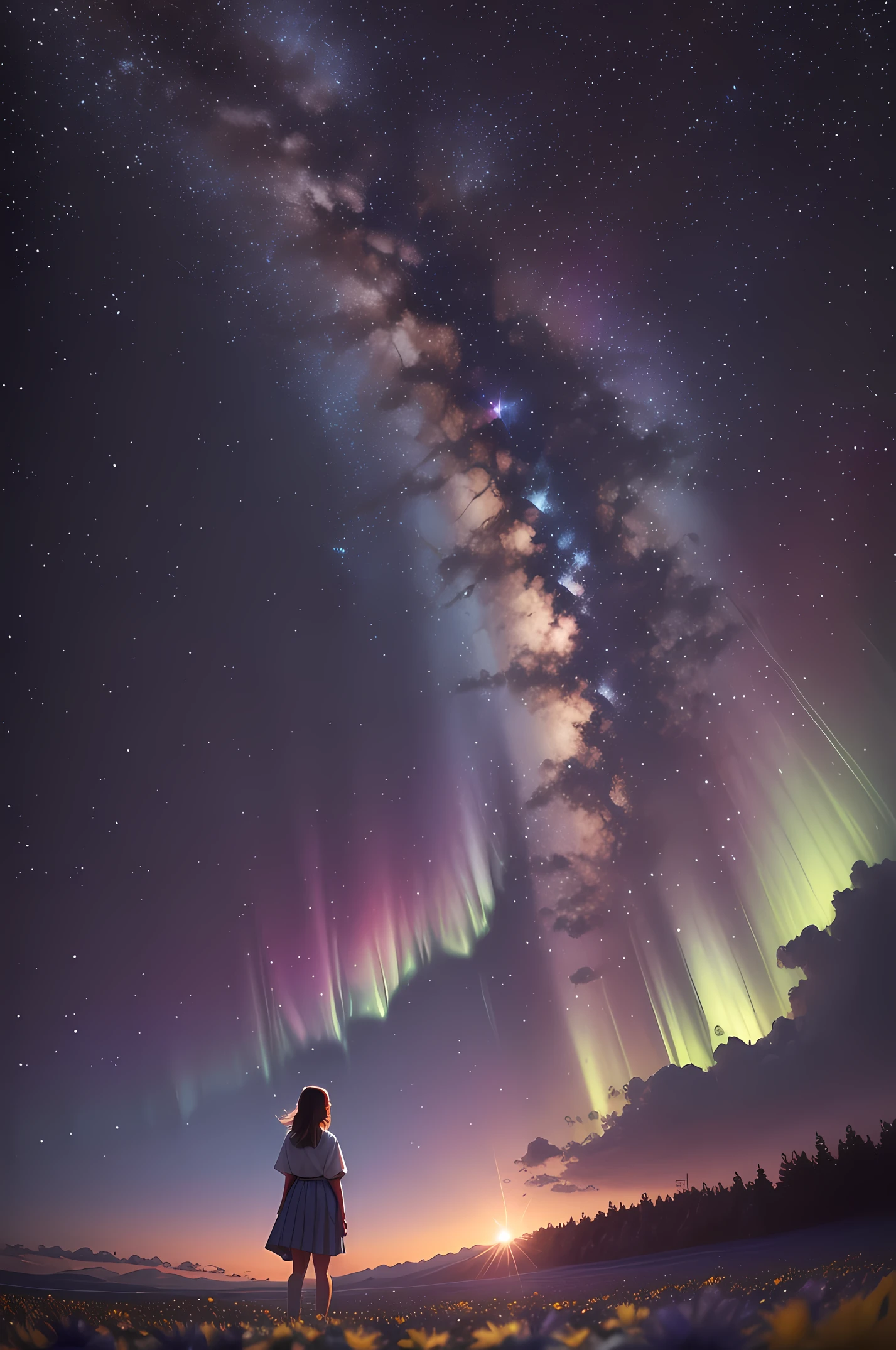 1girl, uma distante olhando para as estrelas, (zoom: 1.1), (chuva de meteoros: 1.2), (cometa: 1.1), seu nome, low-up angle, from behind, aurora boreal, meteoros, yukata, quimono vermelho, flores de cerejeira, Standing on the field, melhor qualidade, obra-prima, nuvens, colorido, estrelado, estrelas, --auto