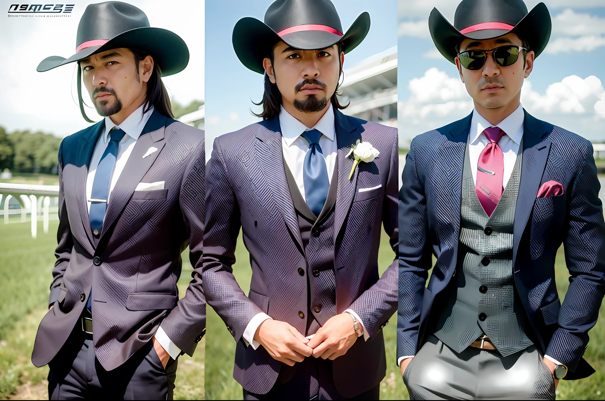 (Cowboy Shot), (((racecourse))), SFW, (masutepiece), (Best Quality:1.0), (超A high resolution:1.0), Detailed Eye Breaking Ton Rack Lock , Suit, Formal, tailcoat, neck tie, Adjustment tie break party, Gorgeous View