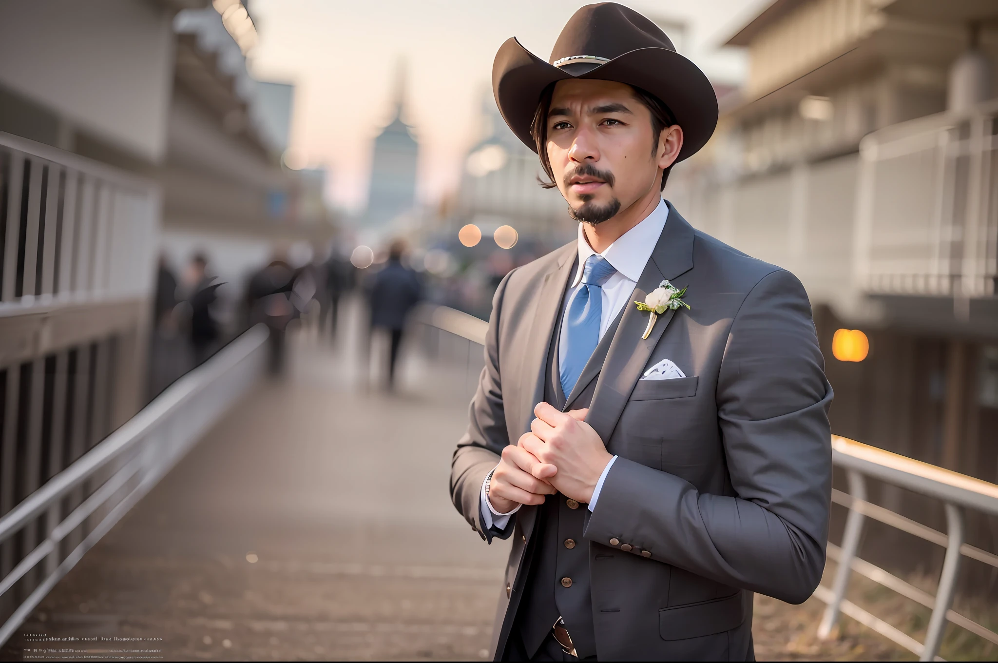 (Cowboy Shot), (((racecourse))), SFW, (masutepiece), (Best Quality:1.0), (超A high resolution:1.0), Detailed Eye Breaking Ton Rack Lock , Suit, Formal, tailcoat, neck tie, Adjustment tie break party, Gorgeous View