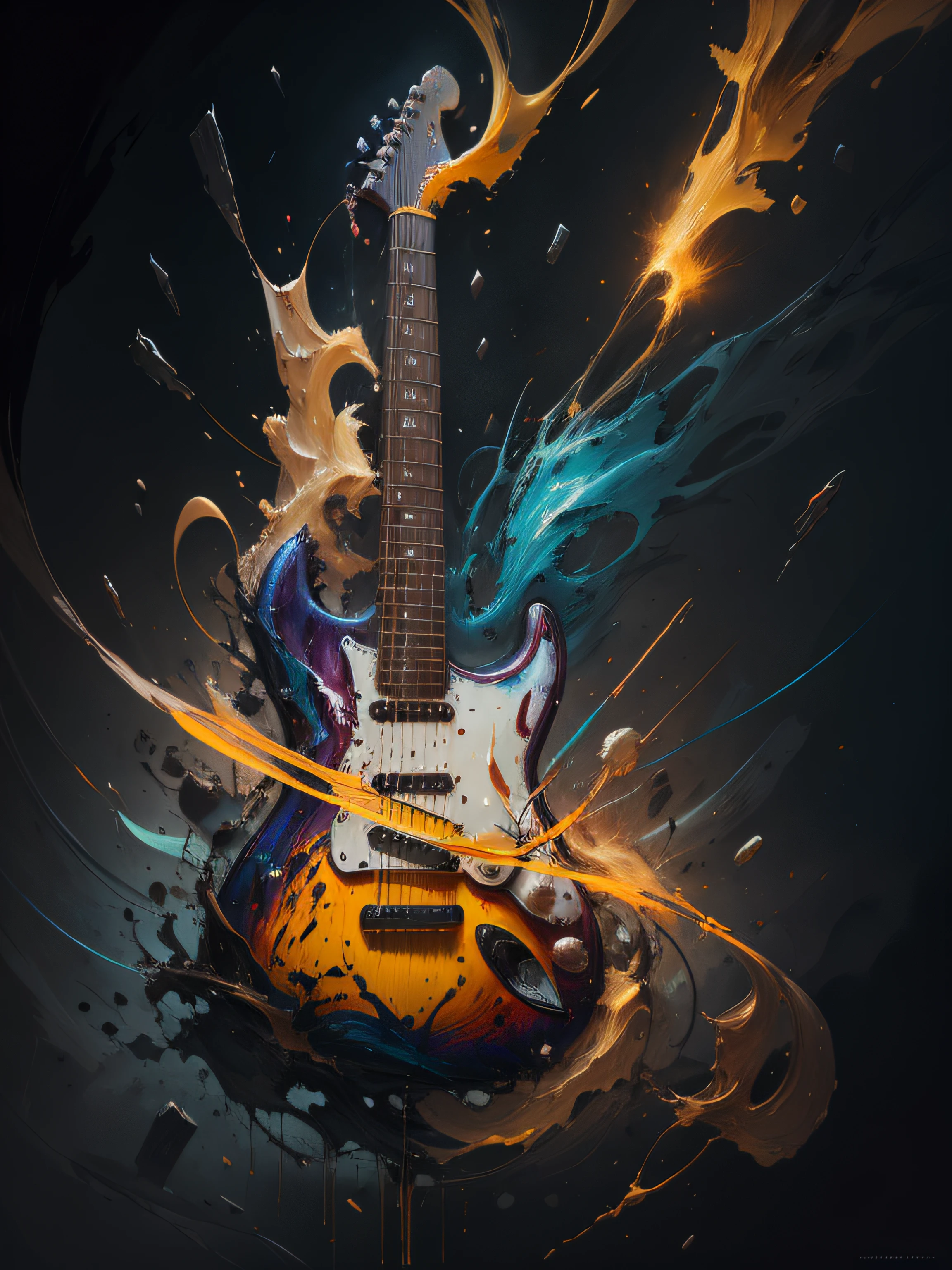 guitar, 火焰，super high-quality model, Ethereal background, Abstract beauty, Explosive volume, oil painted, Heavy strokes, paint drips
