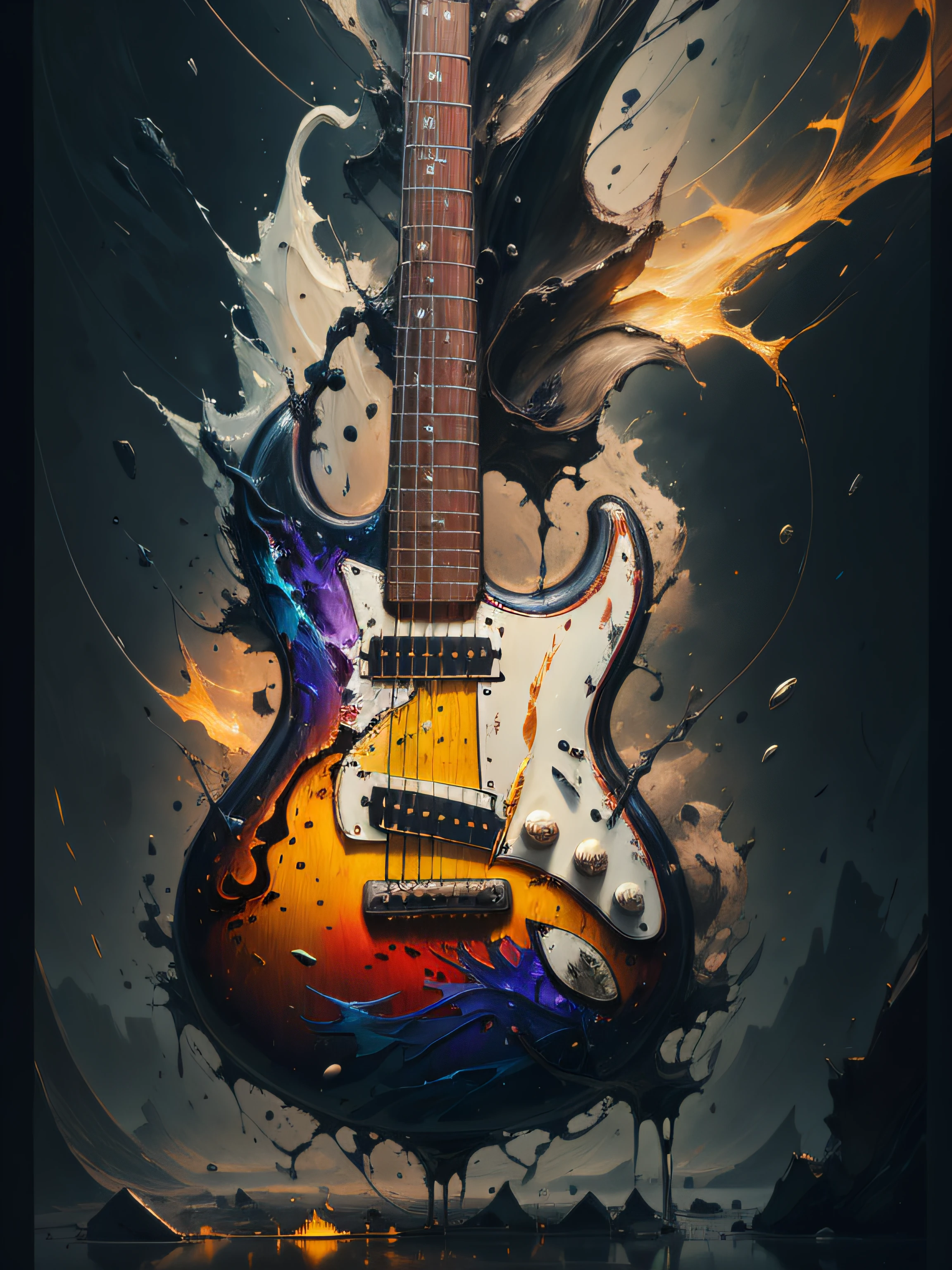 guitar, 火焰，super high-quality model, Ethereal background, Abstract beauty, Explosive volume, oil painted, Heavy strokes, paint drips