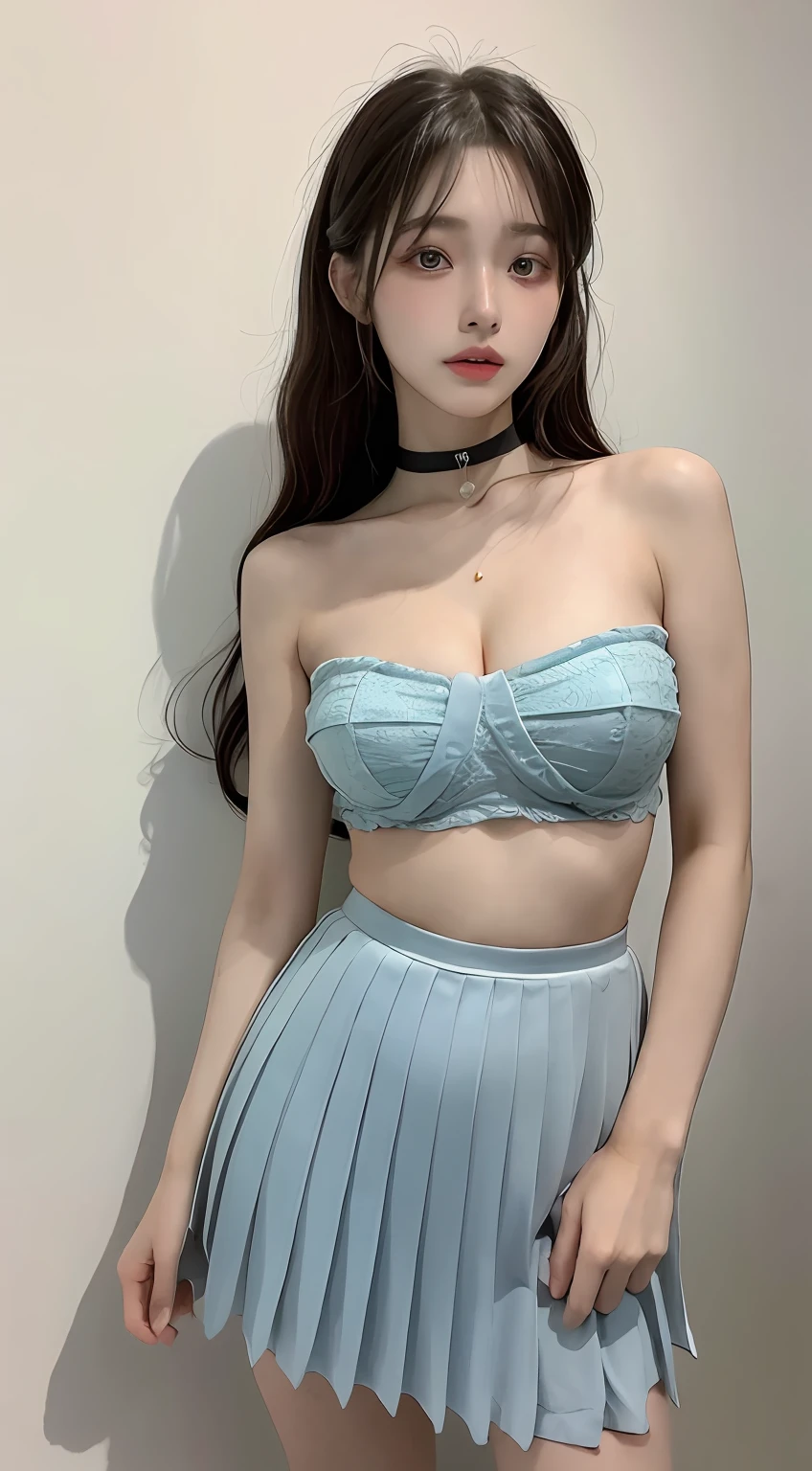 perfect figure beautiful woman：1.4，Layered Hair Style，Protruding cleavage：1.2，Bandeau：1.5，Very short pleated skirt，Highly Detailed Face and Skin Textur，二重まぶた，Whiten the skin，long whitr hair，choker necklace，Full body photo