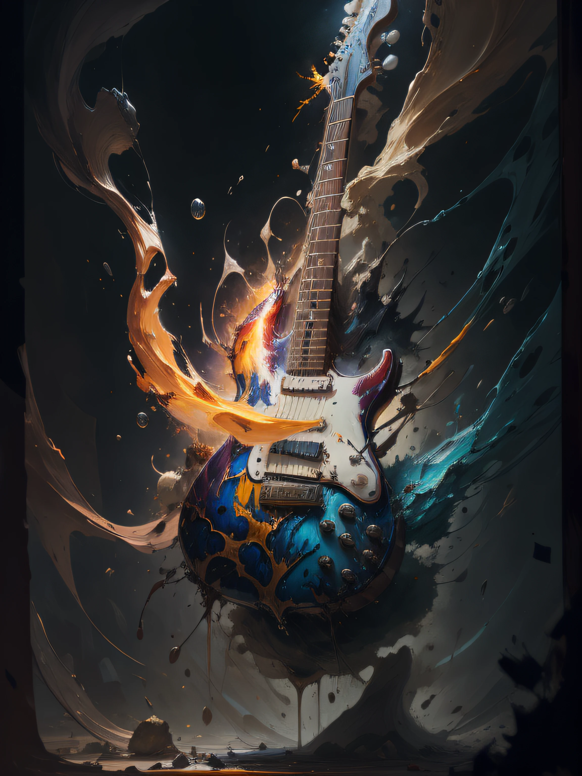guitar, 火焰,super high-quality model, Ethereal background, Abstract beauty, Explosive volume, oil painted, Heavy strokes, paint drips