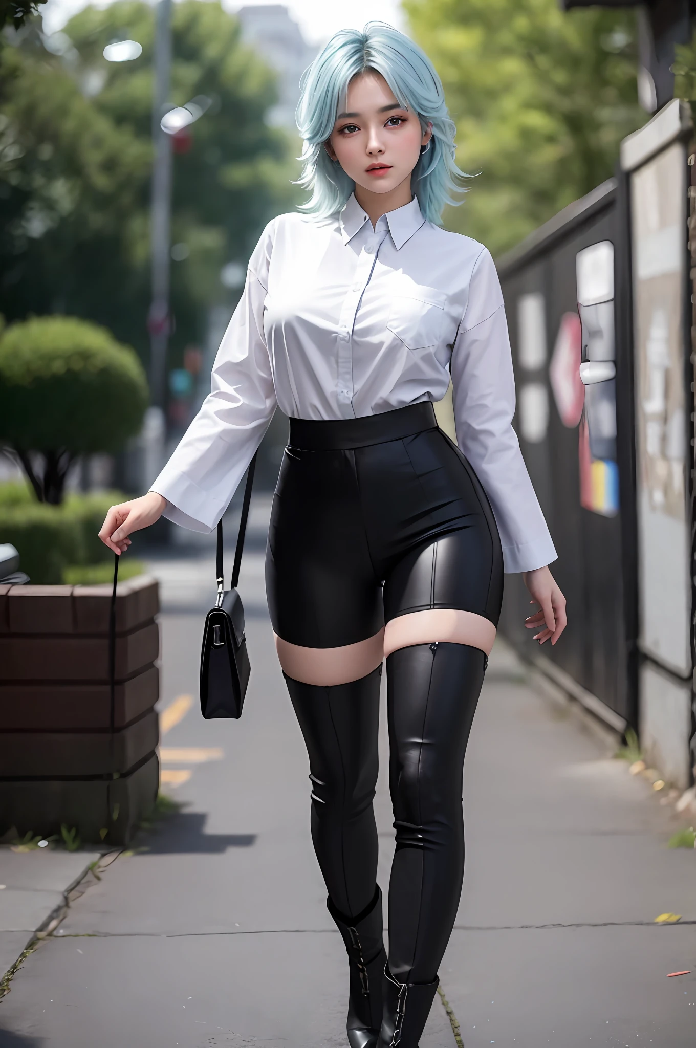 （realisticlying：1.4）， RAW photogr， 1girll， Golden eyes， blue hairs， The shirt， shorter pants， lacepantyhose， Boots， deep shading， 详细的脸， Detailed eyes， depth of fields， Bokeh， vibrant detail， finedetail， hyper realisitc， 35mm film， Hazy and blurry， The upper part of the body， tmasterpiece， Ultra photo realsisim，32K，Very detailed CG unity 8K wallpaper， best qualtiy