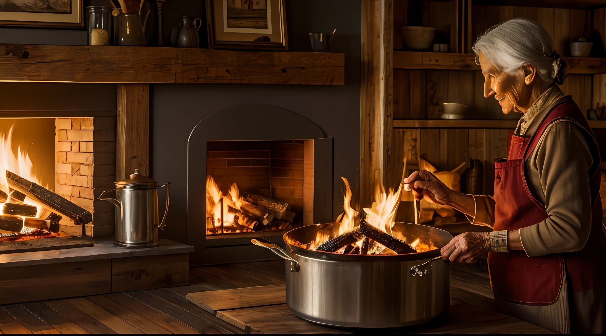 Slice of Life Scene, Elderly Woman Preparing Dinner over a Wood Fire in her Rustic Home, cozy ambiance with warm and golden light emanating from the fire, creating a nostalgic atmosphere. Realistic artistic style with soft tones and loving details. Photorealism, Hyperrealism, UHD Resolution, Focus on the wise hands of the elderly woman as she lovingly cooks, highlighting the details of the wood fire and the fresh ingredients.