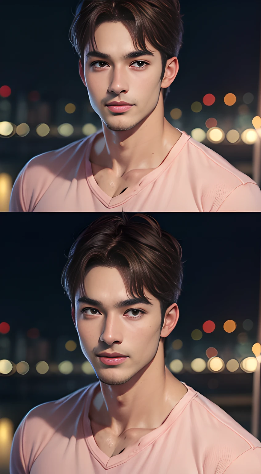 ((Men only)), (head shot), (Tanned handsome muscular man in his 20s in pink clothes), Mischievous smile, (detaile: 1 in 1), Natural muscles, HIG quality, beautidful eyes, (Detailed face and eyes), (Face、: 1 / 2), Noise, Real Photographics、... ............................................................................PSD, Sharp Focus, High resolution 8K, realisitic & Professional Photography, 8K UHD, Soft lighting, High quality, Film grain, FujifilmXT3