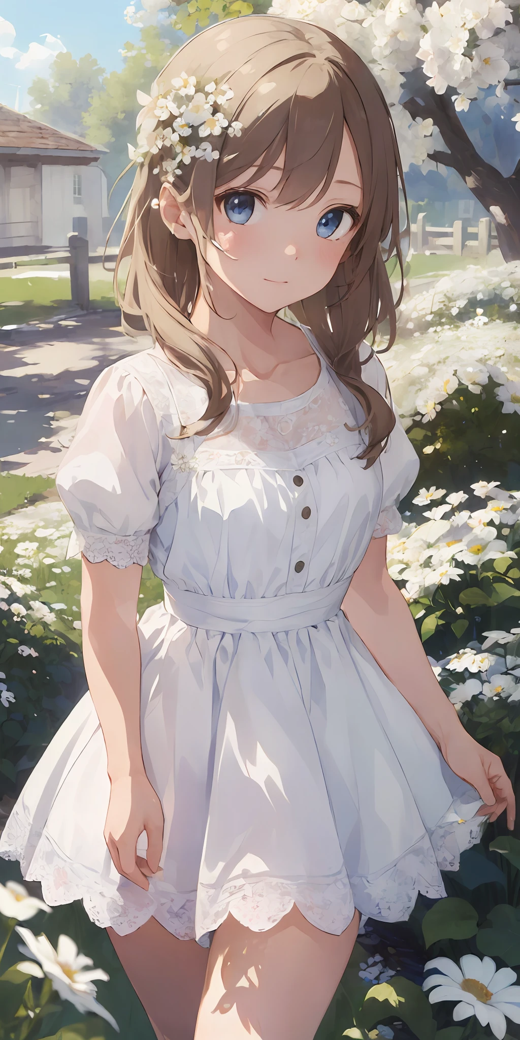 (masterpiece, best quality:1.6), white lace dress, cowboy shot, thighs, beautiful girl, (flowers, many small white petals:1.3), garden, blue sky, looking at viewer, small waist, official art, raw photo, incredibly absurdres, facelight, dynamic lighting, cinematic lighting, ultra realistic, highres, photography, sharp focus, highest detailed, extreme detailed, ultra detailed, finely detail, extremely detailed eyes and face
