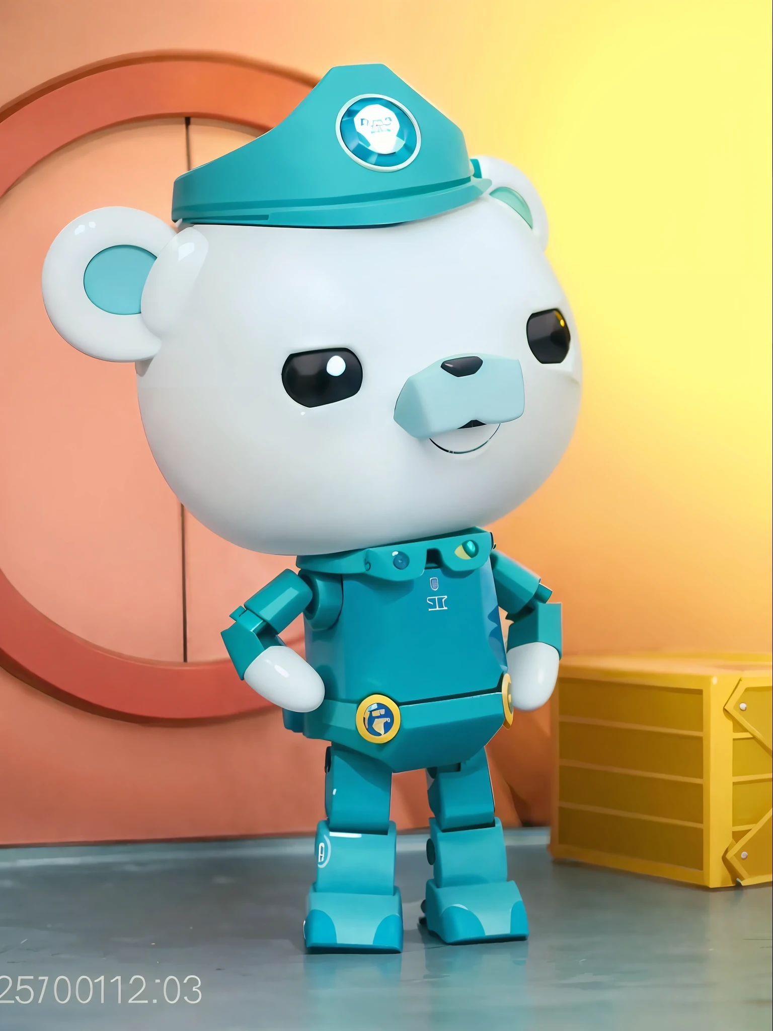 Close-up of cartoon bear in blue uniform, Safebooru anime image, name of the character is chad, Fox, toonix character, teal uniform, mascot pop funko, 🐋 as 🐘 as 🤖 as 👽 as 🐳, Depibru, half robot half bear, the robot is captain of a ship, nbc, Cute:2