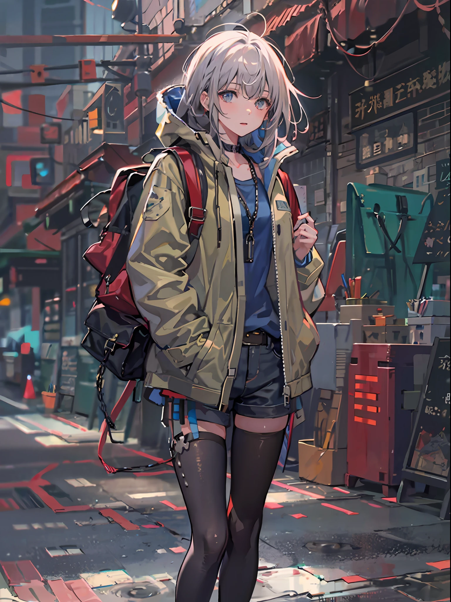 1girl in, jaket, Sateen, plein air, parka, Open jacket, chain, rucksack, Look at another one, hair messy, Trending on ArtStation, 8K分辨率, Highly detailed and anatomically correct, Sharp Images, digitial painting, concept-art, trending on pixiv, style of makoto shinkai,Vivid eyes、shortpants