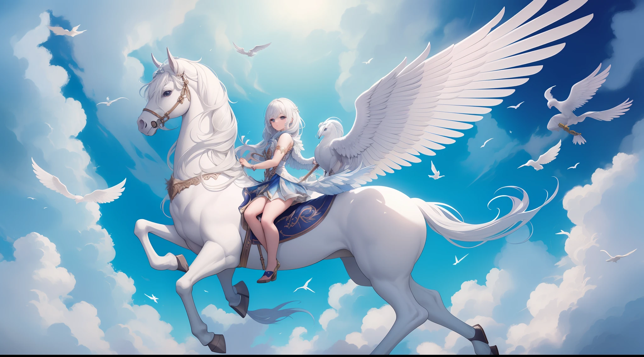 mythological creatures， belve， Pegasus with wings，fluffly， Gradient color （（best qualtiy））， （（tmasterpiece））， （ extremedetailed， highest details， offcial art， Beauty and aesthetics：1.2）， depth of fields， composition， full bodyesbian， （tchibi）， （Beautiful and detailed eyes：1.3）， Long tail