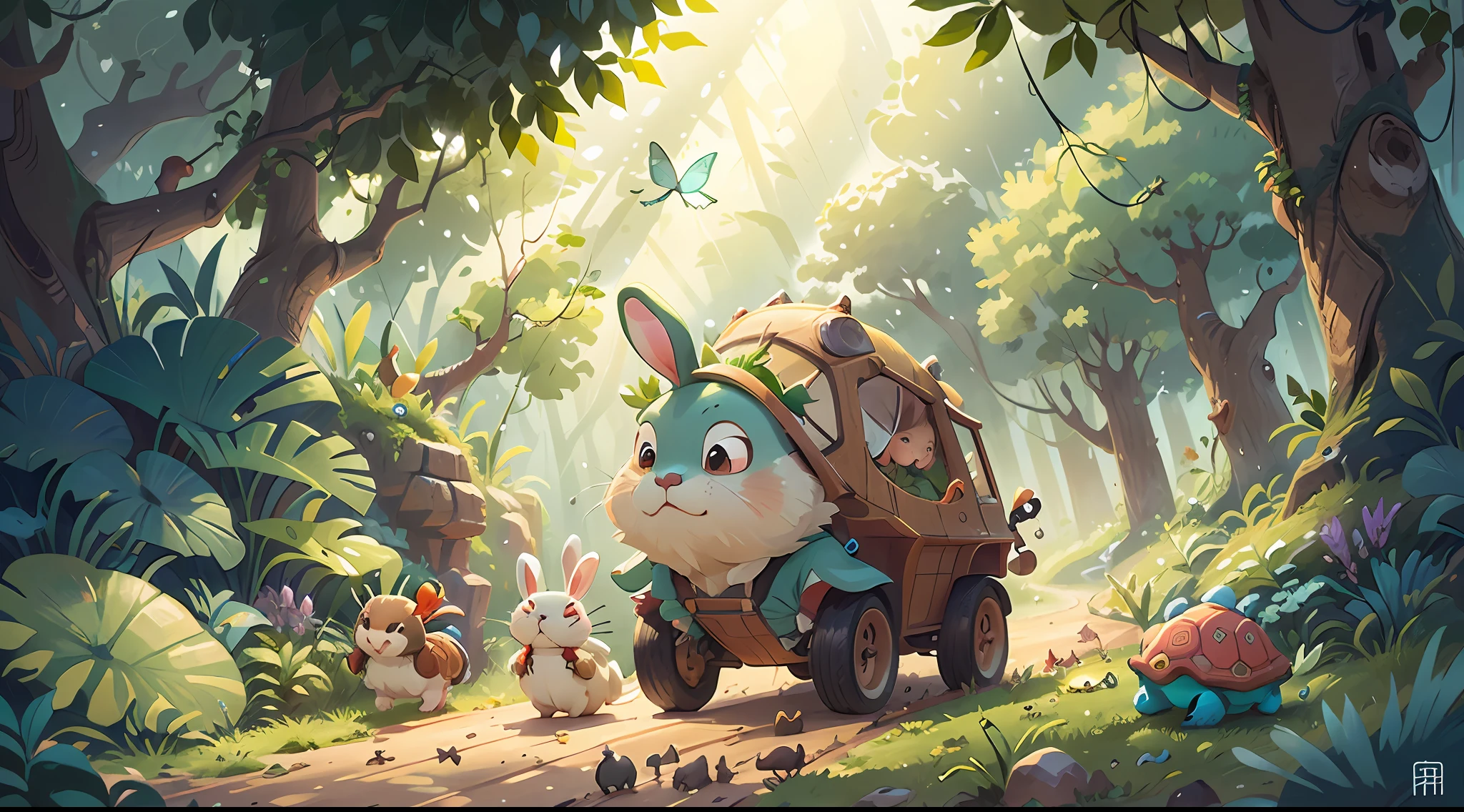 A little white rabbit chases a turtle(The turtle happily crawls in front),Winding dirt roads,butterflies flying,Birds fly,In the jungle after rain,The sun shone in intermittently,(tmasterpiece),Extremely detailed picture details,ultra HD picture quality,(8k wallpaper),(CG),(Fairy tale style), Inspired by:Chinese Children's Stories《Tortoise and rabbit race》