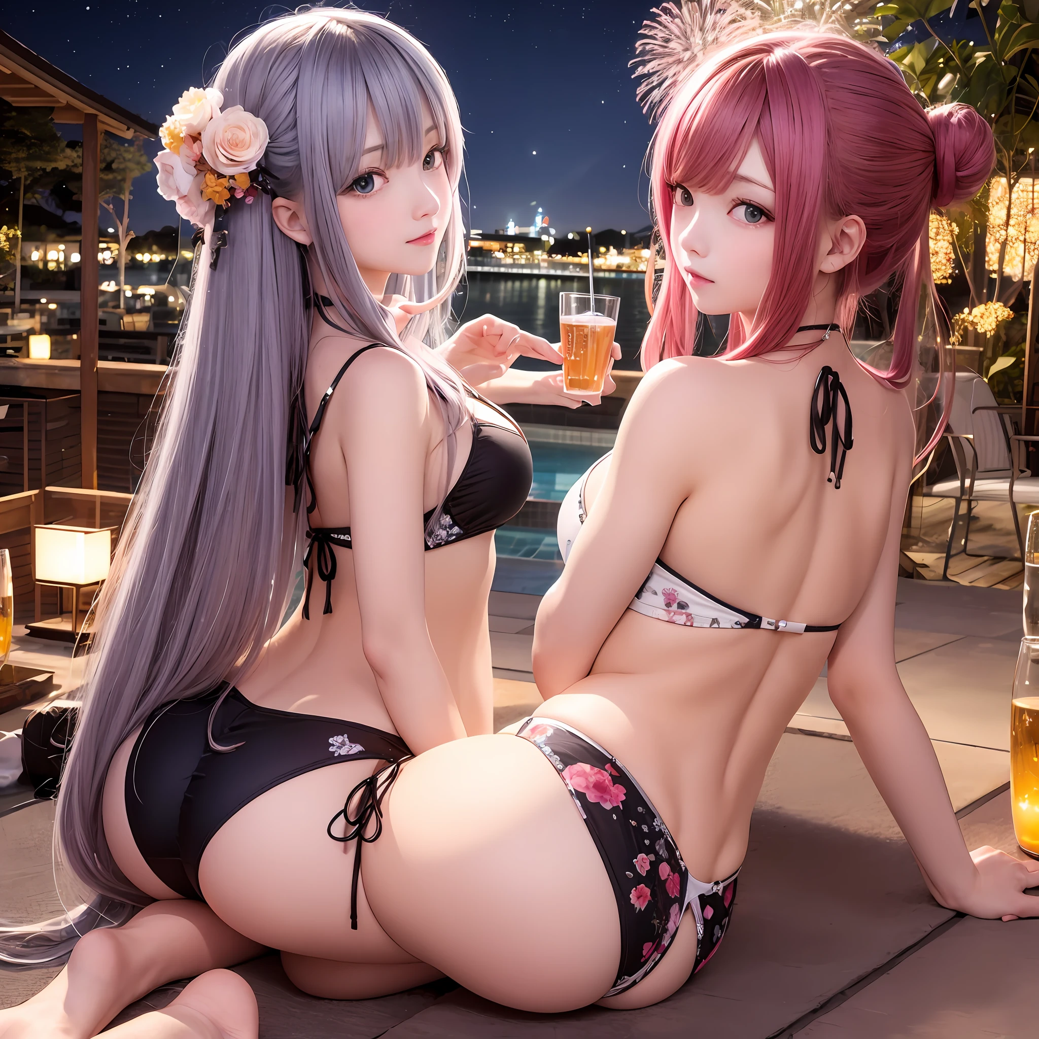 The upper part of the body、one girls、I have pink and black hair、Two-tone、Bun hair、Extremely large breasts、Gorgeous floral string bikini、Gorgeous floral T-back、Larger buttocks、cleavage of the breast、posterior view、Butt sticking out、、Japan anime-style odd-eye,in poolside、nighttime scene、Beautiful fireworks in the night sky、