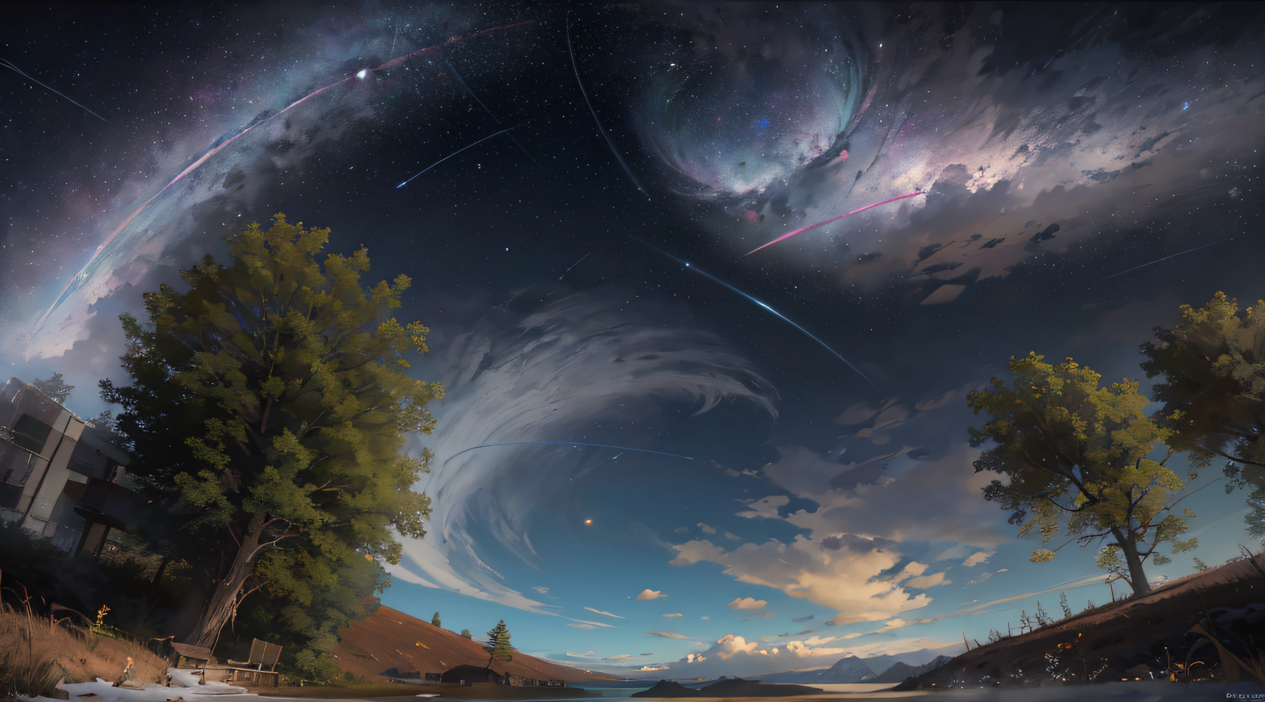 Expansive landscape photograph,(look from down,Above is the sky,Below are open fields),(moon full:1.2),(meteors:0.9),(Starcloud:1.3),Far Mountain, Tree BREAK making art,(Warm light source:1.2),(glowworm:1.2),lamp lights,Lots of purple and orange,Complicated details,Volumetriclighting,Realism BREAK(tmasterpiece:1.2),(best qualtiy),4K,Ultra-detailed,(dynamic compositions:1.4),The is very detailed,Colorful details,(Irridescent color:1.2),(luminouslighting,Atmospheric lighting),dream magical,magical,(独奏:1.2),((best qualtiy)), ((tmasterpiece)), (the detail:1.4),depth of fields,maximum definition and sharpness,perfectly proportions,