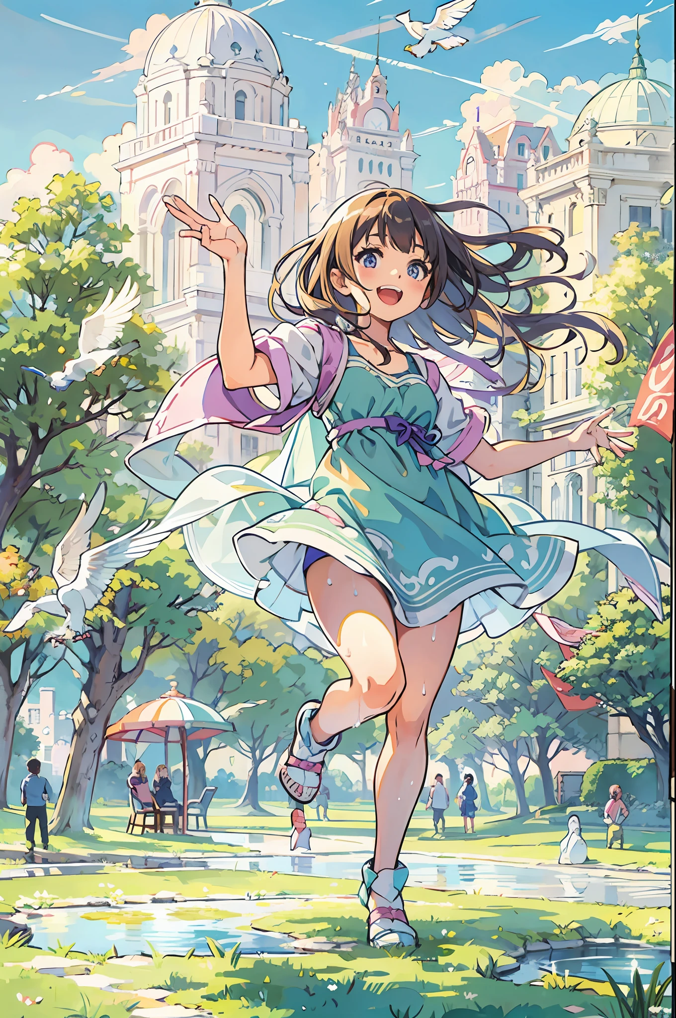 Kawaii girl is jumping on the lawn in the park、Overflowing with light and sunlight shining through the trees、I hear the birds whispering、Light clothing、bluewhiteredyellowishpurple、High-definition images、full bodyesbian、Beautiful、a smile、Raising his right hand、Grabbing the hem of the clothes、Wet blue sky、Clean pond、Do not draw people in the background、Semi-long hair
