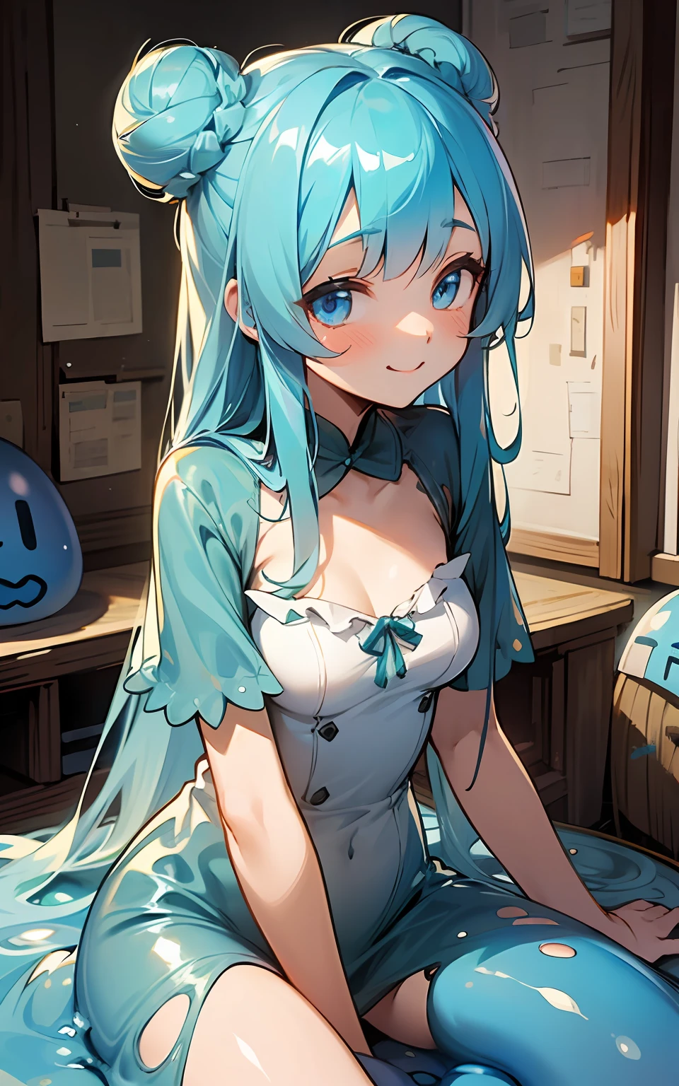 top-quality、hight resolution、detaileds、Blue Slime Girl、lightly dressed、Ruined room、Long bun hair、Cute appearance、a smile,